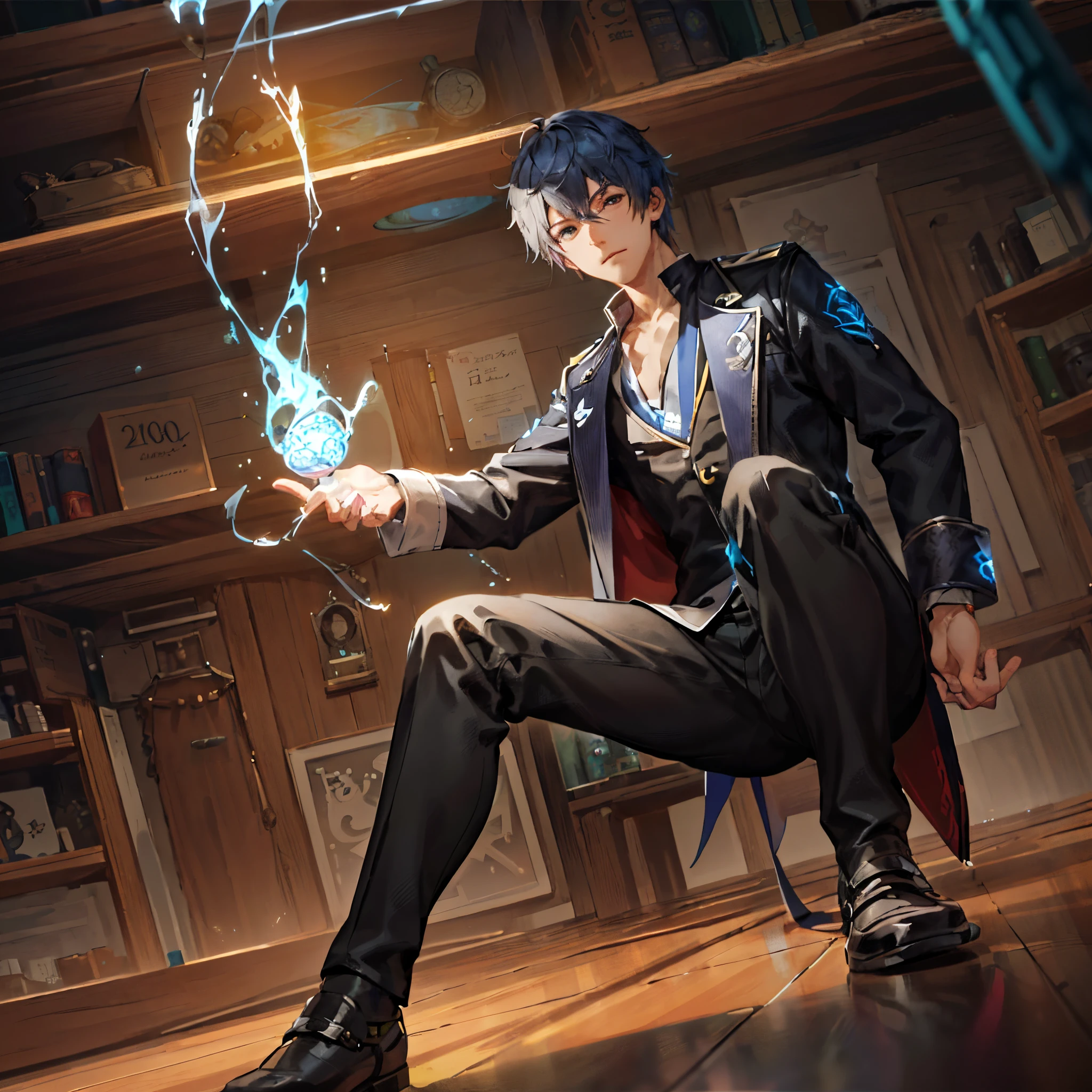 anime character sitting on the floor with a chain in his hand, he is in a alchemist lab, trending on artstation pixiv, official character art, handsome anime pose, by Yang J, keqing from genshin impact, shigenori soejima illustration, official character illustration, range murata and artgerm, he is casting a lighting spell