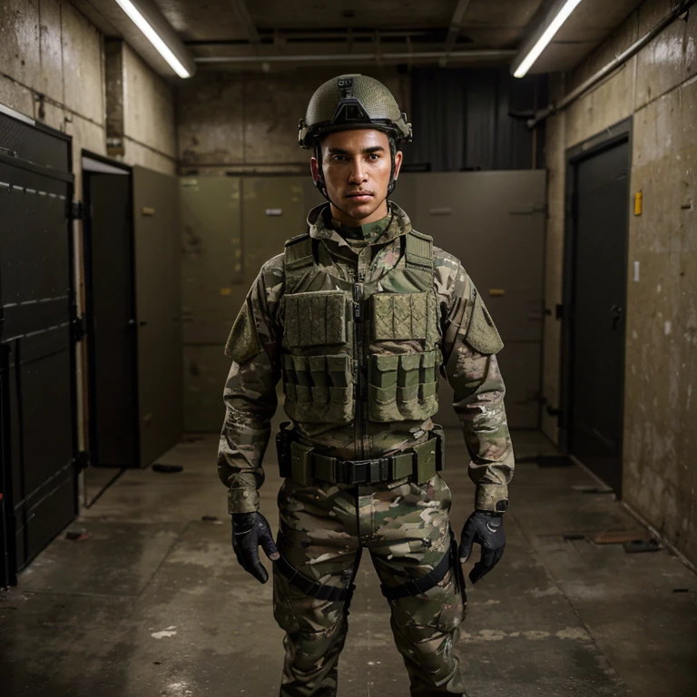 A Brazilian soldier in an ultra-modern camouflage uniform, wearing a heavy bulletproof vest with accessories, black boots, and camouflaged military pants. The soldier is also equipped with a modern camouflaged military helmet. The photograph captures the soldier in a Standing guard pose, exuding strength and determination. The soldier's eyes are focused and alert, adding to the intensity of the image. The high-quality image showcases incredible attention to detail, with the textures of the camouflage fabric and the soldier's equipment rendered in ultrafine painting. The colors are vivid and realistic, bringing the scene to life. The lighting is dramatic, with a strong studio lighting setup emphasizing the soldier's presence. The overall atmosphere of the image leans towards a realistic and photorealistic style, capturing the essence of modern military fashion and technology.