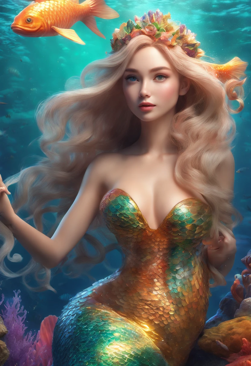 (professional photo:1.3) Fujifilm X-T3, 35mm lens ((Mermaid swims all over)) (Realistic:1.3) most beautiful artwork photo in the world，(((Blond hair))), (( Brown eyes)), brunette, Caucasians, ((long mermaid tail)), (((Detailed mermaid fins))), full body, sport, Features: Soft and shiny, ((Epic mermaid fantasy very long hair in dynamic pose, flying hair, Full tail, Fantastic location, Majestic cluttered environment)), full body, topless, 8k unity render, action shot, skin pore, heavyshading, Detailed, Detailed face, (vibrant, photograph realistic, Realistic, Dramatic, Dark, Sharp focus, 8K), (fish scales:1.4), ((((Mermaid tail)))), (Intricate:1.4), decadent, (Highly detailed:1.4), Digital painting, rendering by octane, art stations, concept-art, smooth, Sharp focus, illustration, Art germ, (loish:0.23), (Global illumination, Studio light, volumettic light), Underwater, Ocean, lotr, fantasy, mermaid, ((Sea background:1.3)),CGSesociety,art stations, surrounded by plenty of colorful coral fish,