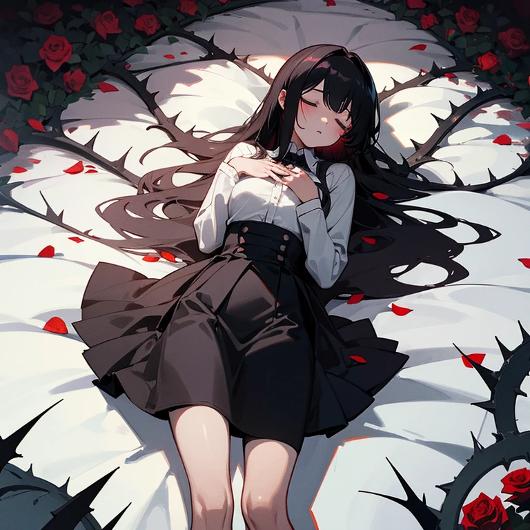 Horror theme, 1 girl, sleeping on Roses bushes, Roses background, roses Bush, greyish colors, long hair, black hair, Red petals, petals Flying, closed eyes, shapely body, busty, white shirt, black skirt, dark stocking, unease room, dark room, horror theme, dark theme, terrifyng place, torment, thorns around body, Blood, suffer, relaxed body, scratches on legs, hands clasped on her chest, straight position, sleeping peacefully