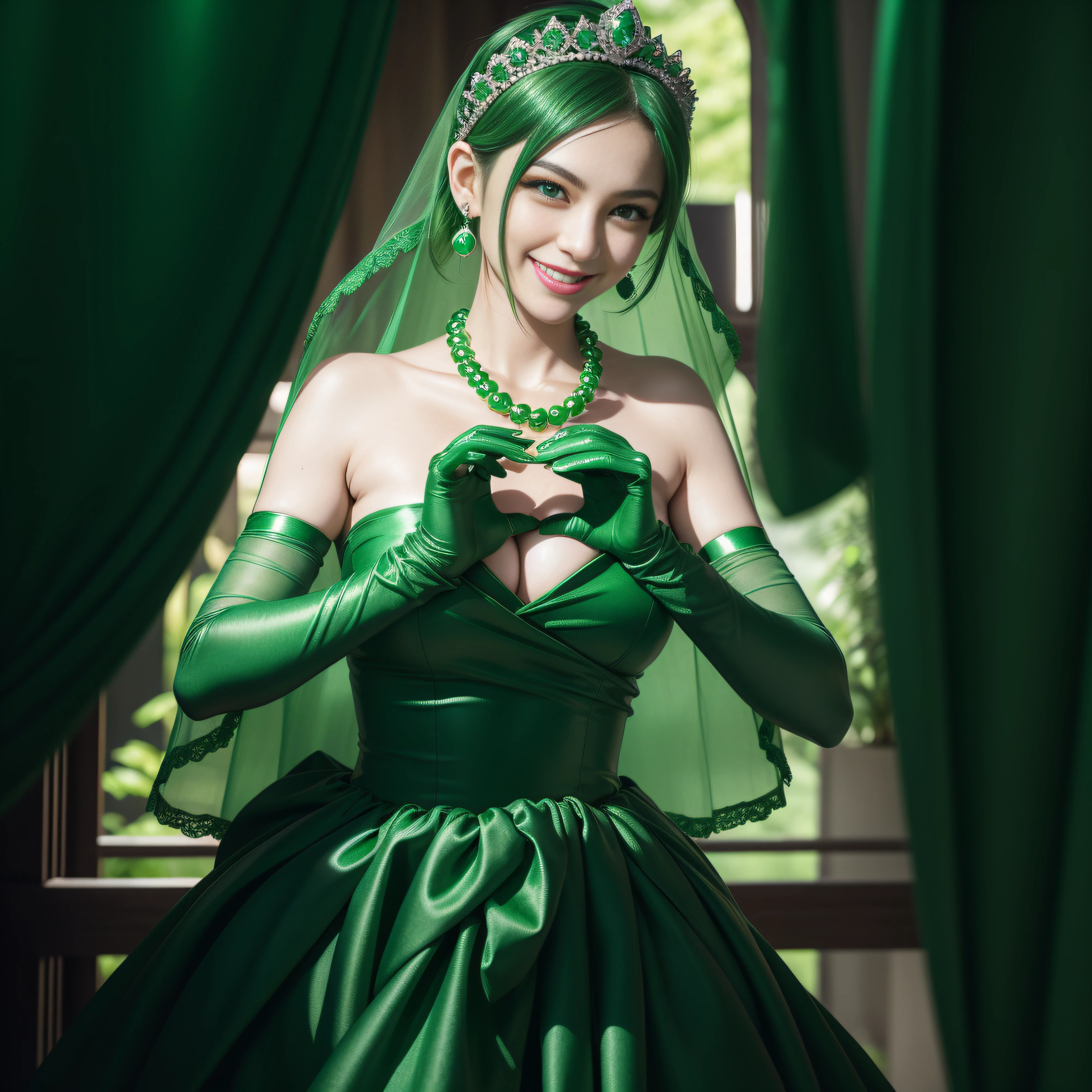 emerald tiara, Green Pearl Necklace, Boyish very short green hair, lipsticks, Japan woman smiling, very short short hair,  big breasts beautiful, Green eyes, Long green gloves made of satin material, Green eyes, Emerald Earrings, green vale, Heart with both hands, Green hair