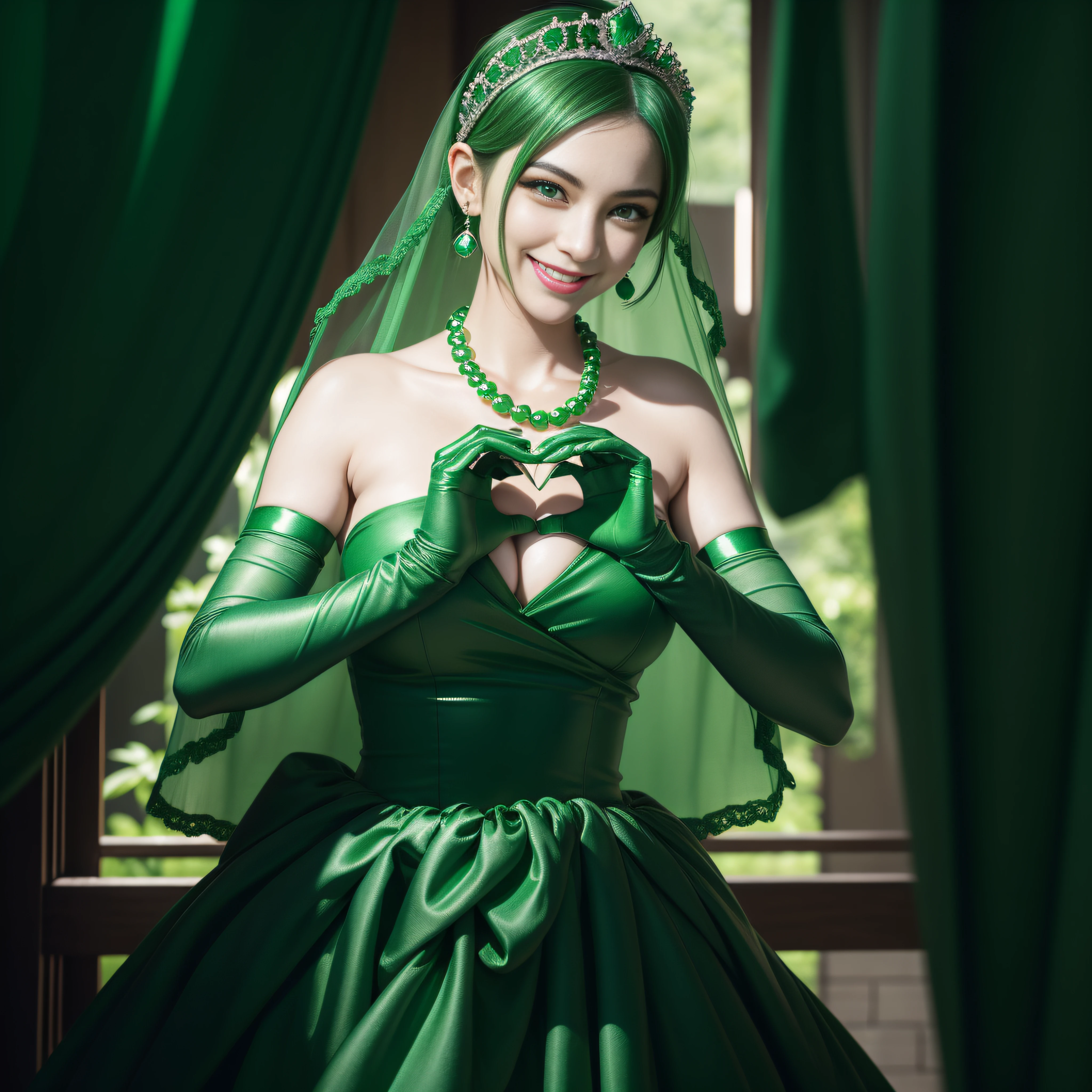 emerald tiara, Green Pearl Necklace, Boyish very short green hair, lipsticks, Japan woman smiling, very short short hair, big breasts beautiful, Green eyes, Long green gloves made of satin material, Green eyes, Emerald Earrings, green vale, Heart with both hands, Green hair