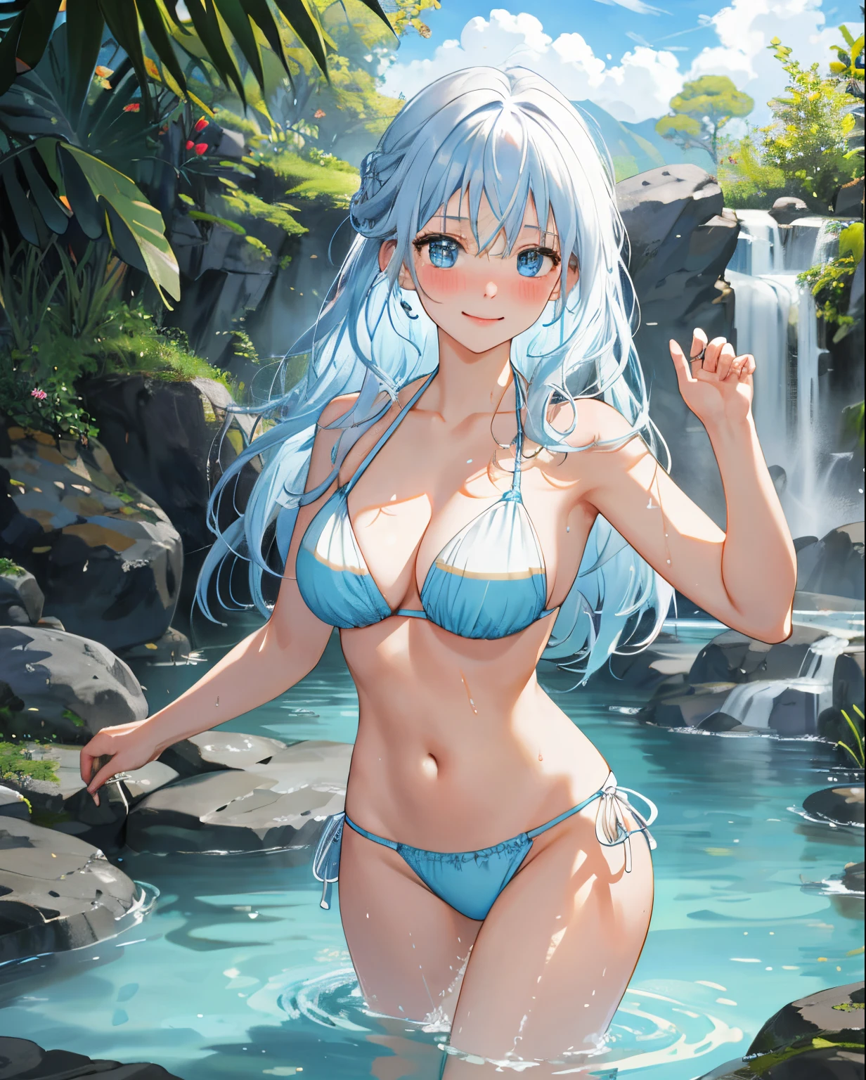 one-girl, In the hot springs,perspire,White color hair, long whitr hair, blue color eyes, Wear a bikini, Raise your foot to the screen,Sweated a lot, Get wet,Beautiful and moving, Onsenzato, Wet hair, Light smile, Blush, Ear blush, surrealism, High detail, modern, Anime style, in a panoramic view, Cowboy shot, reflective light, 8K, Super detail, High details, Best quality, Anatomically correct, Masterpiece, Textured skin