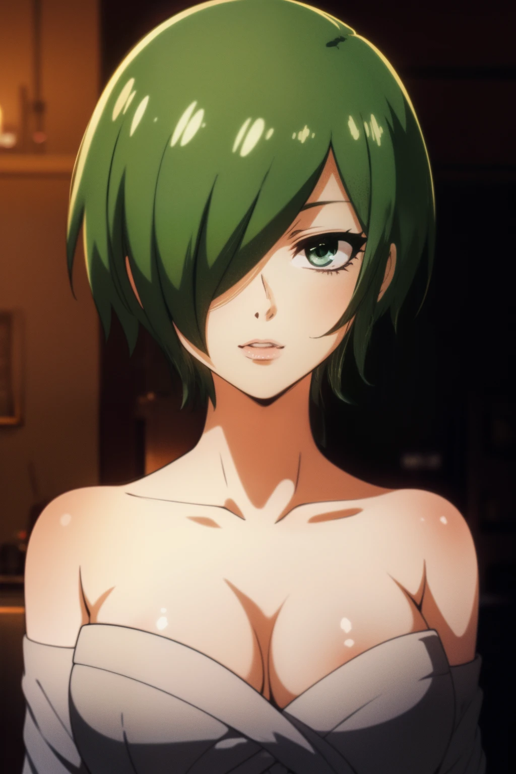 (beste-Qualit, 8K, 12), 1 girl, tatsumaki, Short Hair Hair, green hair, Huge naked breasts with nipples, child, the perfect body, ultra detail face, detailed lips, Slender Eyes, gown, stands, enticing, Excited, convex areolas, steam, From Bottom