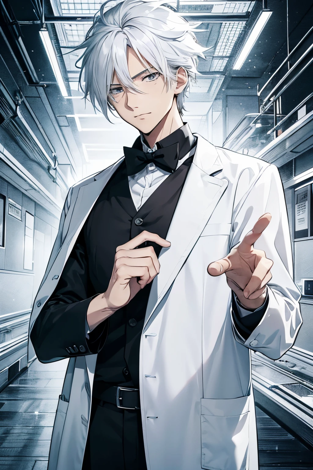 Create my Manga cover Art about a guy who's a Doctor. 4k, drawing in anime style, white hair, create chapter 1 panel, panel, black and white ink