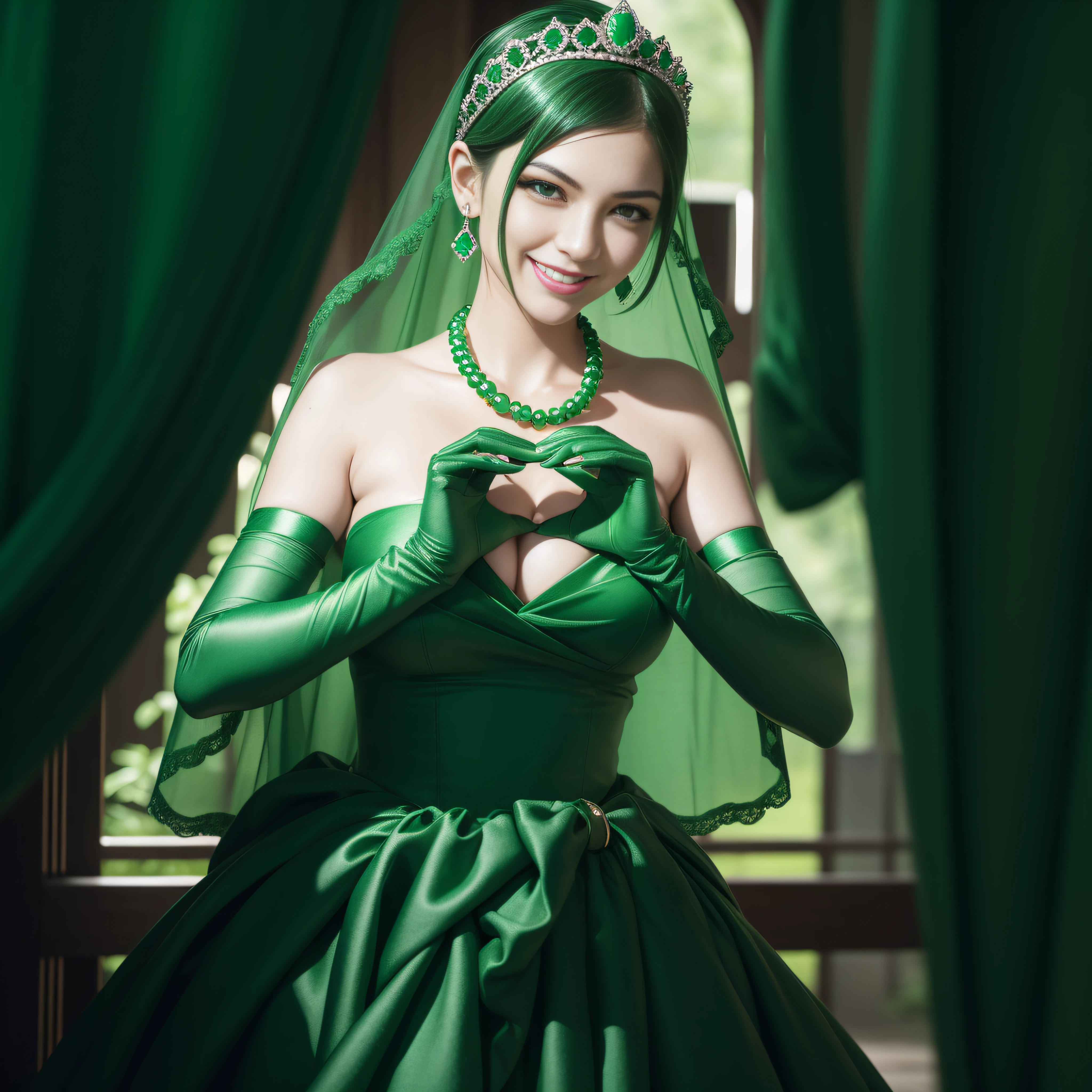 emerald tiara, Green Pearl Necklace, Boyish very short green hair, lipsticks, Japan woman smiling, very short short hair, big breasts beautiful, Green eyes, Long green gloves made of satin material, Green eyes, Emerald Earrings, green vale, Heart with both hands, Green hair