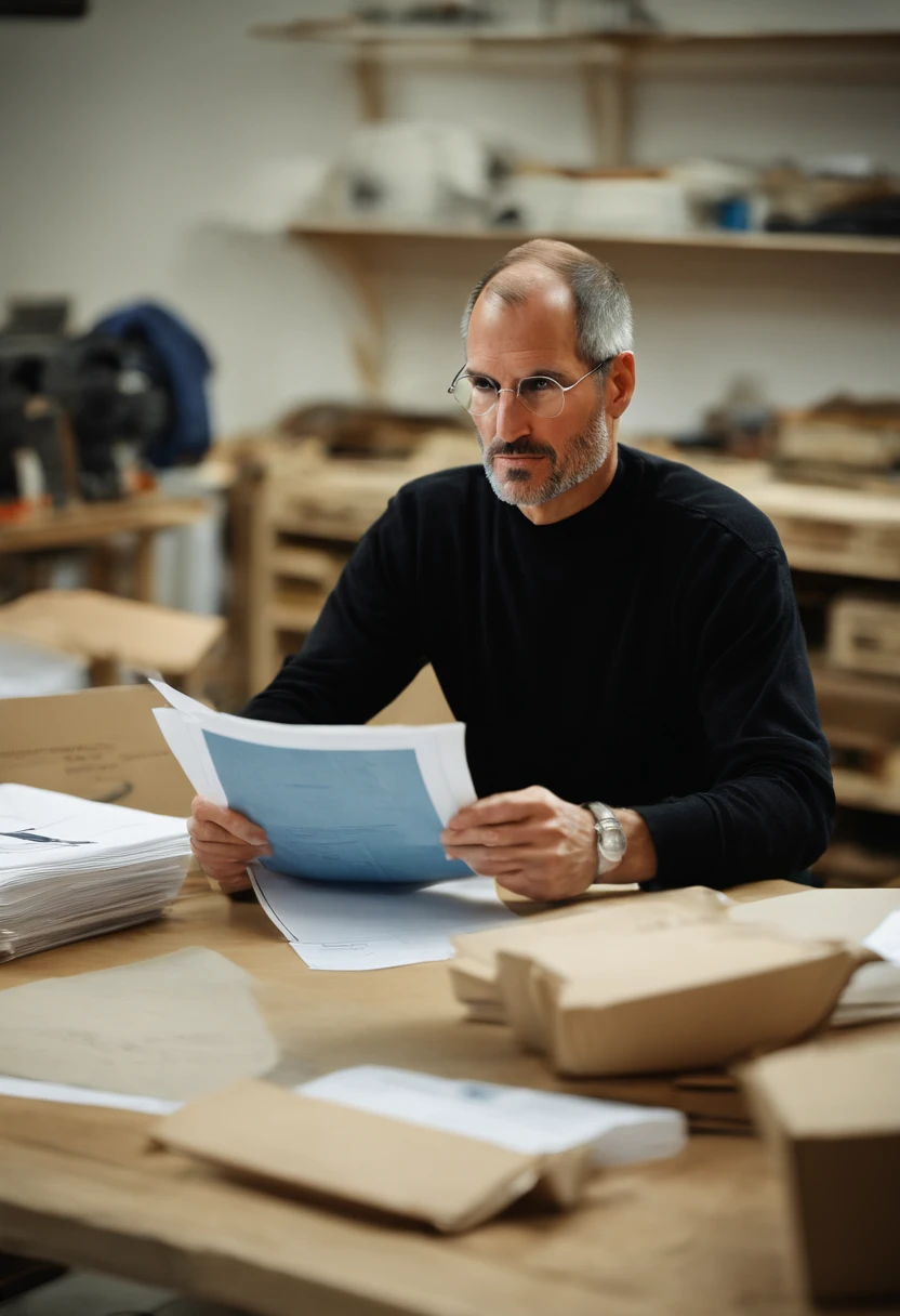 A photo of Jobs looking over blueprints and design mock-ups in a creative workshop,original,Steve Jobs, the co-founder of Apple Inc., was known for his signature style: a black turtleneck, blue jeans, and New Balance sneakers, creating a minimalist and iconic image. He had a slender build and an intense, penetrating gaze, often accompanied by a contemplative or fiercely determined expression.