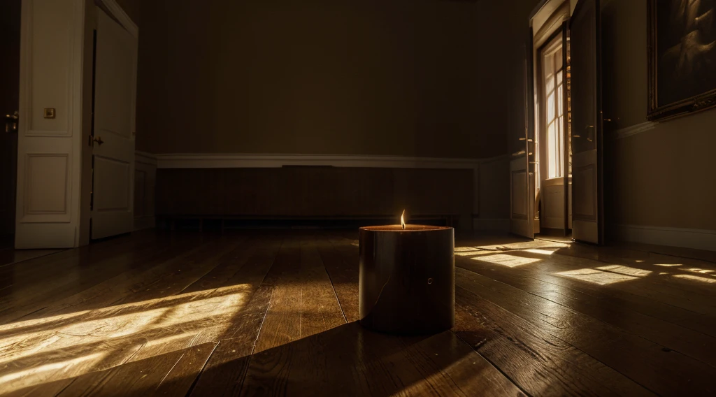 well lit living room, visible floor, one candle in the middle of the floor, Ultra realistic cinematic soft Rembrandt light and ultra detailed golden lighting, Best quality, 8K, masterpiece, (Ultra HD: 1.3),