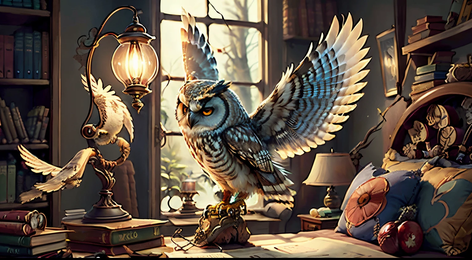 Aggressive owl with open wings over knowledge lamp.