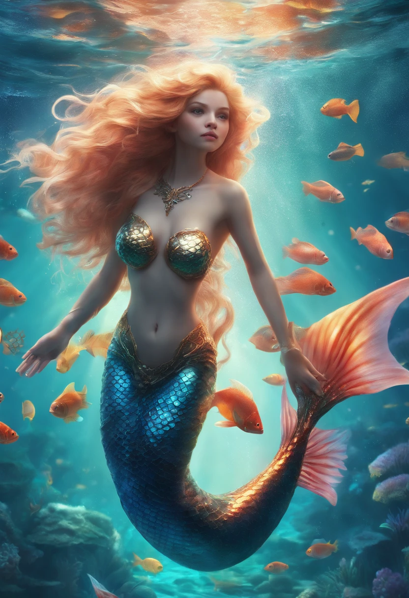 (professional photo:1.3) Fujifilm X-T3, 35mm lens ((Mermaid swims all over)) (Realistic:1.3) most beautiful artwork photo in the world，(((Blond hair))), (( Brown eyes)), brunette, Caucasians, ((long mermaid tail)), (((Detailed mermaid fins))), full body, sport, Features: Soft and shiny, ((Epic mermaid fantasy very long hair in dynamic pose, flying hair, Full tail, Fantastic location, Majestic cluttered environment)), full body, topless, 8k unity render, action shot, skin pore, heavyshading, Detailed, Detailed face, (vibrant, photograph realistic, Realistic, Dramatic, Dark, Sharp focus, 8K), (fish scales:1.4), ((((Mermaid tail)))), (Intricate:1.4), decadent, (Highly detailed:1.4), Digital painting, rendering by octane, art stations, concept-art, smooth, Sharp focus, illustration, Art germ, (loish:0.23), (Global illumination, Studio light, volumettic light), Underwater, Ocean, lotr, fantasy, mermaid, ((Sea background:1.3)),CGSesociety,art stations, surrounded by plenty of colorful coral fish,