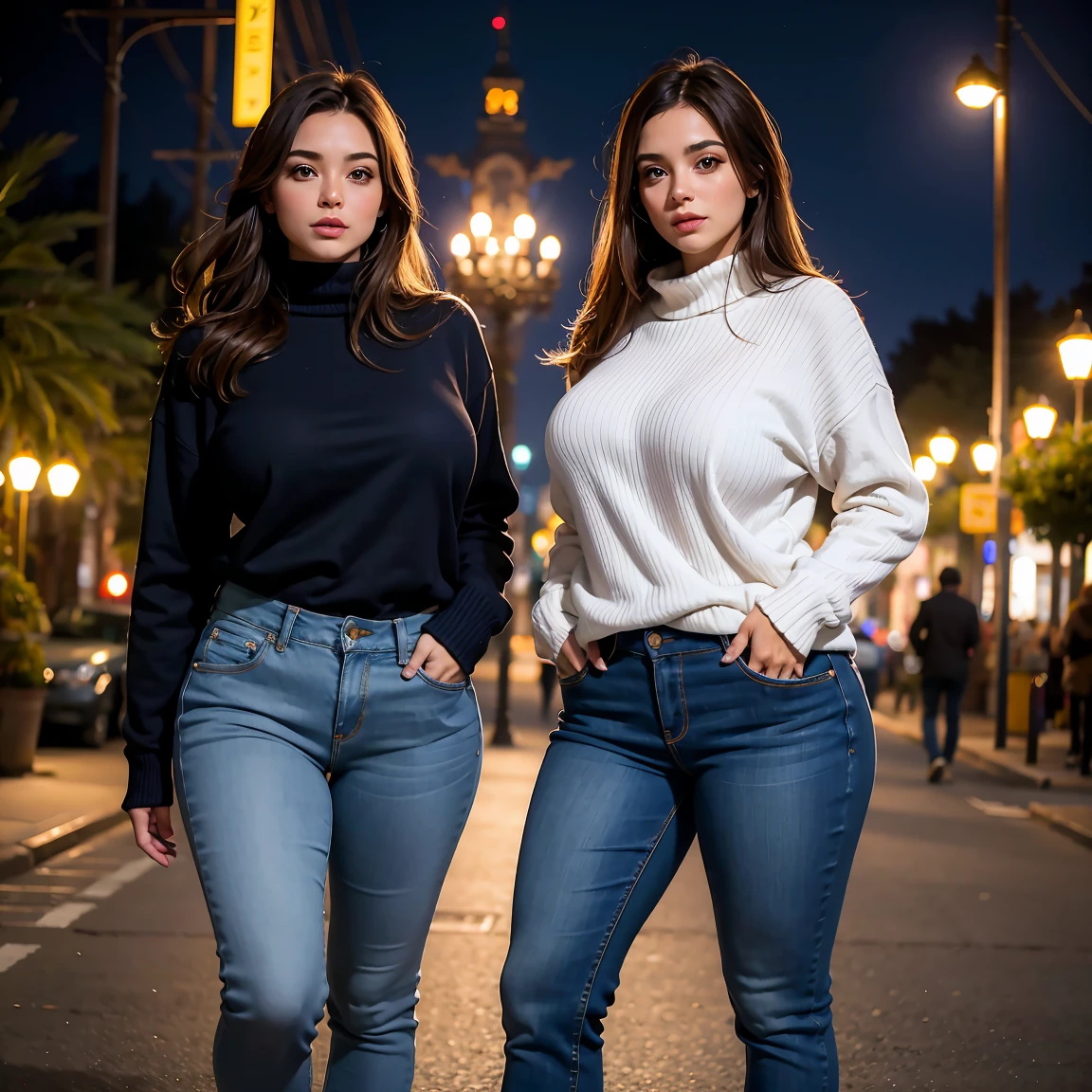 sentada en un banco, abierta de piernas, sexy, Abrigo de invierno, delgada, noche, luces artificiales, parque de noche, tapada, tetas grandes y perfectas, tetas grandes, big boobs, detalle de cuerpo sentado abierto de piernas, (high resolution) (highest quality), ropa de invierno, profundidad de campo, ropa elegante, highest quality, senos grandes, Jeans, short