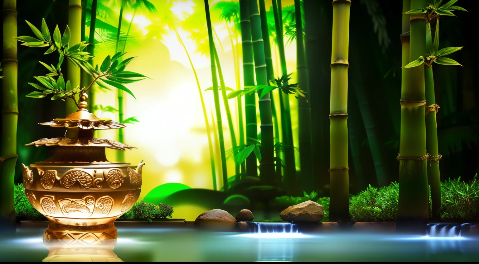 blurred image of a bamboo forest with rocks and water, fundo natural Era, arte de fundo, sentimento Era, Fundo do templo Era, ambiente sereno, atmosfera Era, cena serena, ambiente tranquilo, Era, peaceful atmosphere, mystical feeling, cena tranquila, Floresta de Bambu, serene emotion, bambu, ambiente tranquilo, atmosfera tranquila e serena, Massagem Paradise Garden, Feng Shui
