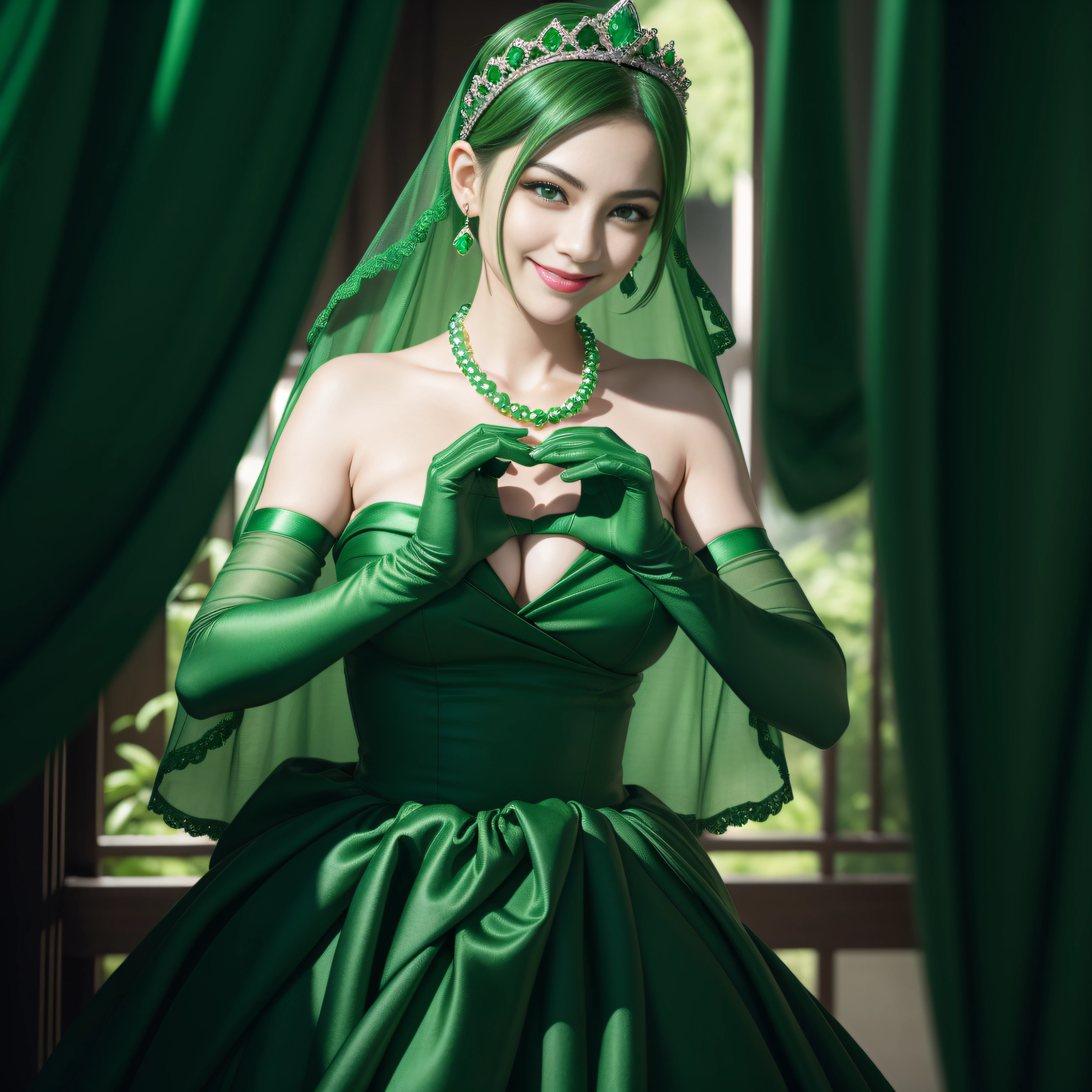 emerald tiara, Green Pearl Necklace, Boyish very short green hair, lipsticks, Japan woman smiling, very short short hair,  big breasts beautiful, Green eyes, Long green gloves made of satin material, Green eyes, Emerald Earrings, green vale, Heart with both hands, Green hair