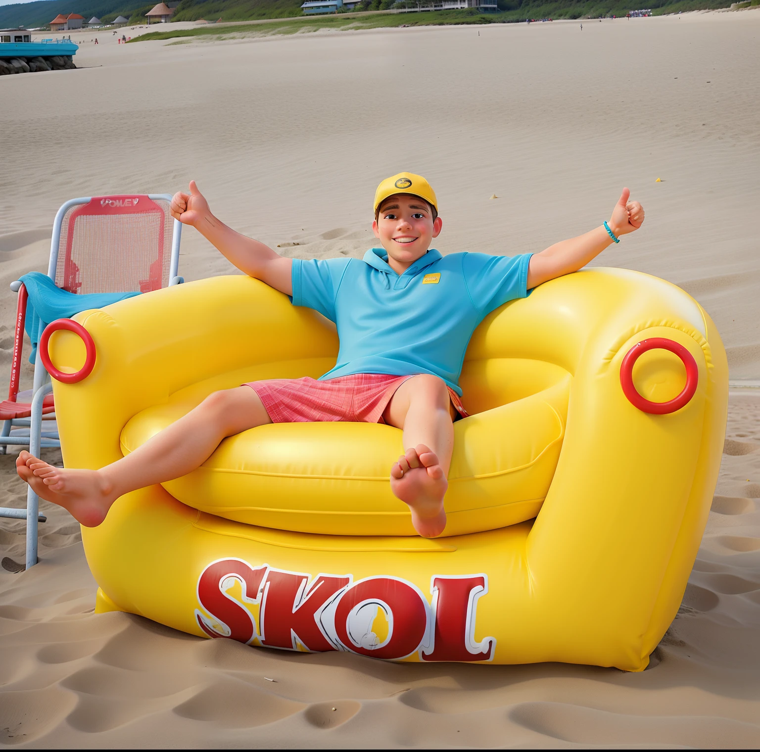 Me sitting on a yellow inflatable saddle on the beach marked Skol