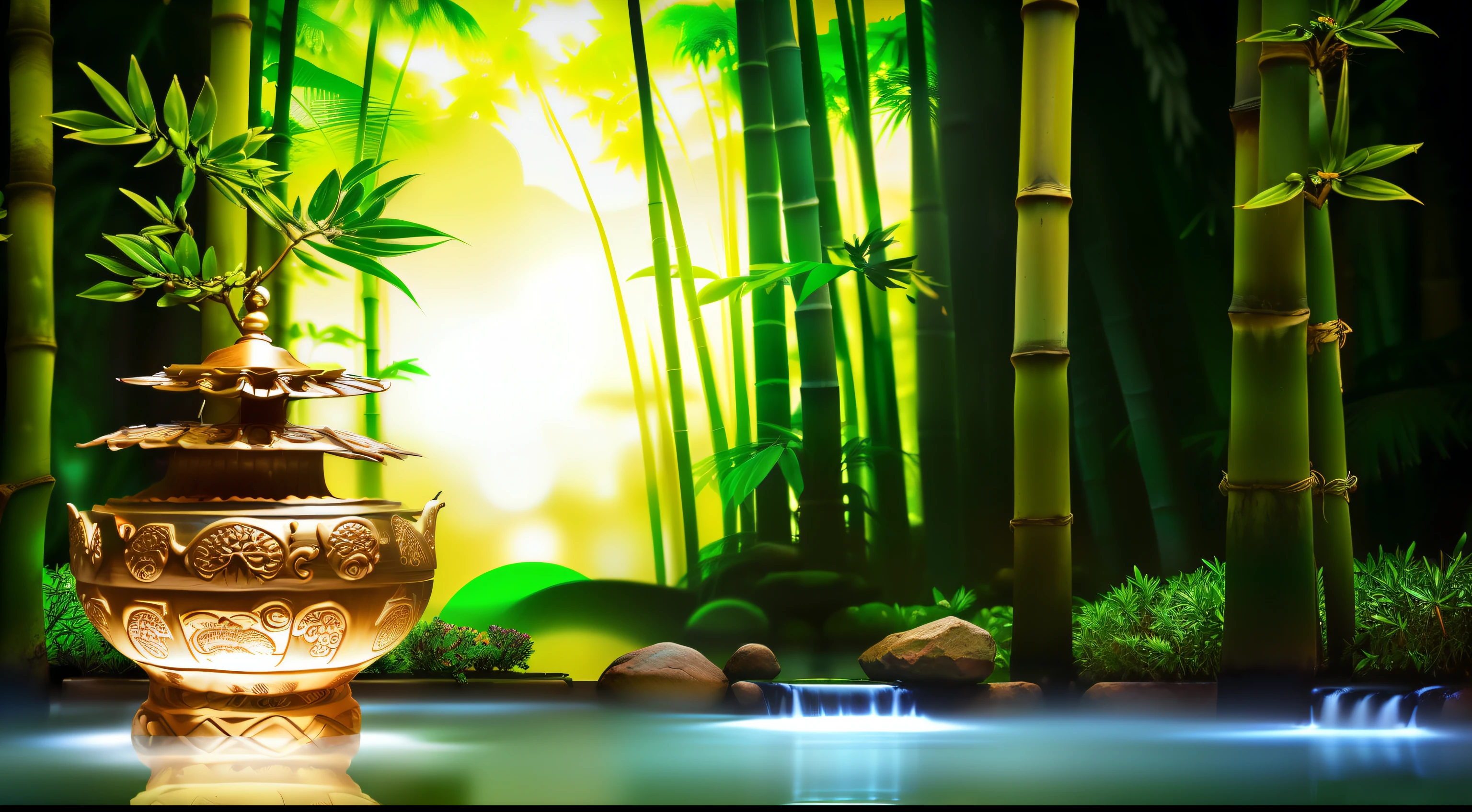blurred image of a bamboo forest with rocks and water, fundo natural Era, arte de fundo, sentimento Era, Fundo do templo Era, ambiente sereno, atmosfera Era, cena serena, ambiente tranquilo, Era, peaceful atmosphere, mystical feeling, cena tranquila, Floresta de Bambu, serene emotion, bambu, ambiente tranquilo, atmosfera tranquila e serena, Massagem Paradise Garden, Feng Shui