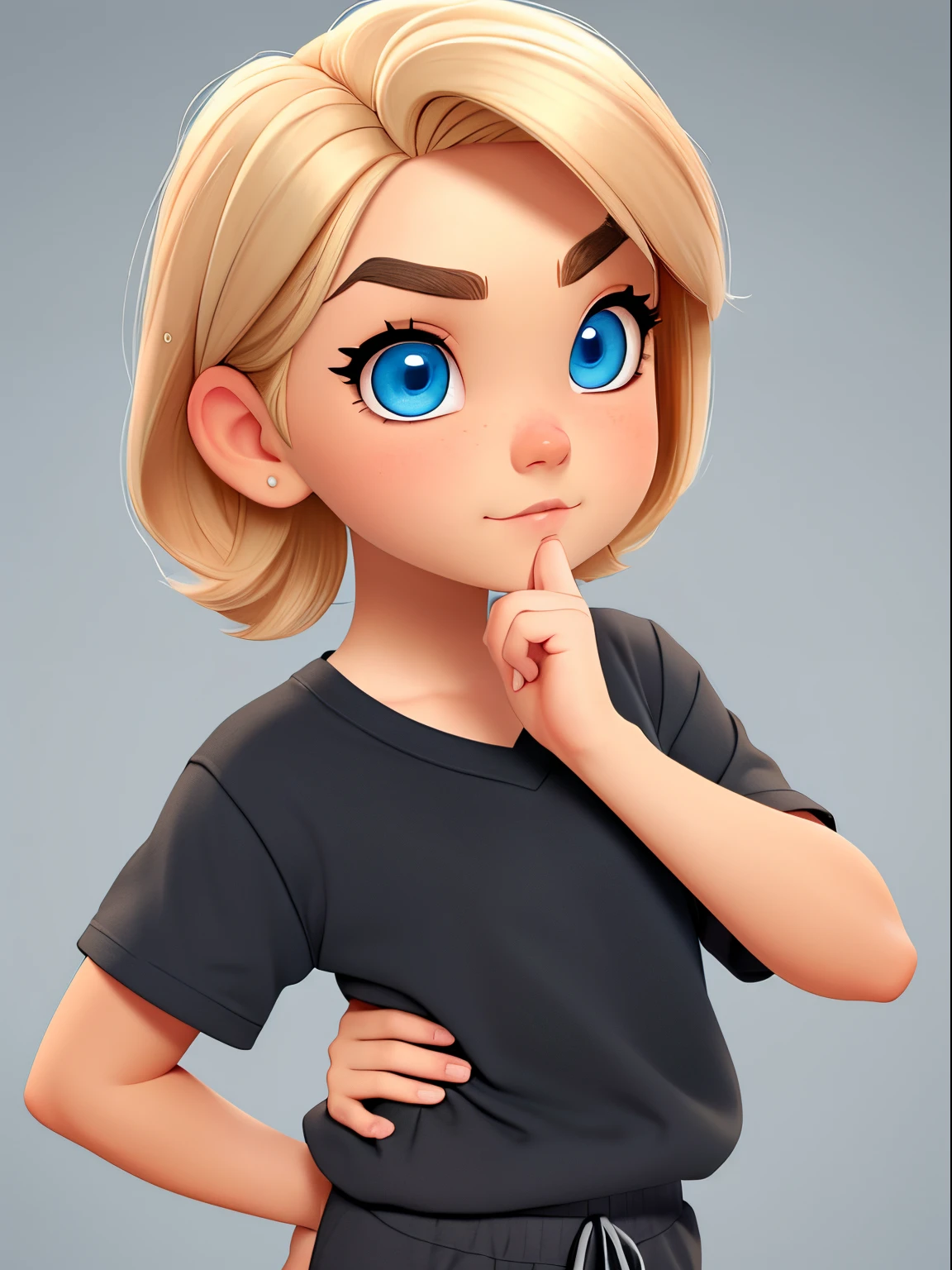 a pixar girl with blond hair brown eyebrows and blue eyes in a small black shirt and grey sweatpants