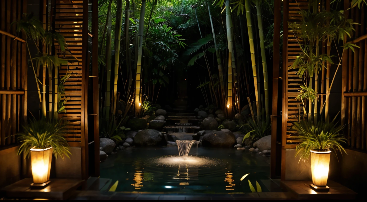 blurred image of a bamboo forest with rocks and water, fundo natural Era, arte de fundo, sentimento Era, Fundo do templo Era, ambiente sereno, atmosfera Era, cena serena, ambiente tranquilo, Era, peaceful atmosphere, mystical feeling, cena tranquila, Floresta de Bambu, serene emotion, bambu, ambiente tranquilo, atmosfera tranquila e serena, Massagem Paradise Garden, Feng Shui