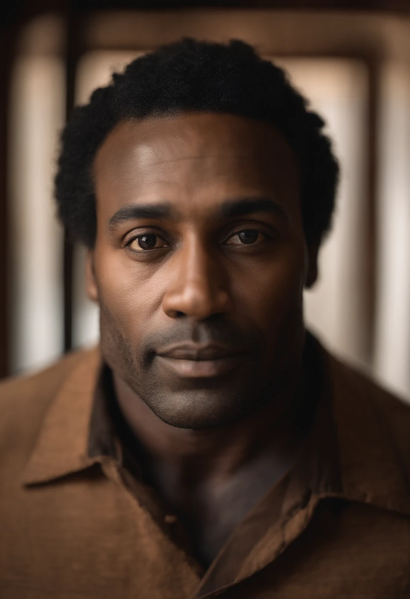 Dark-skinned man, 40 years old, brown hair, straight face, expression mark on his forehead, 1.80 tall, red shirt, jeans standing upright, inside a rustic room, where there is a brown wall, in the room there is a table glass and the violin is lying on the table