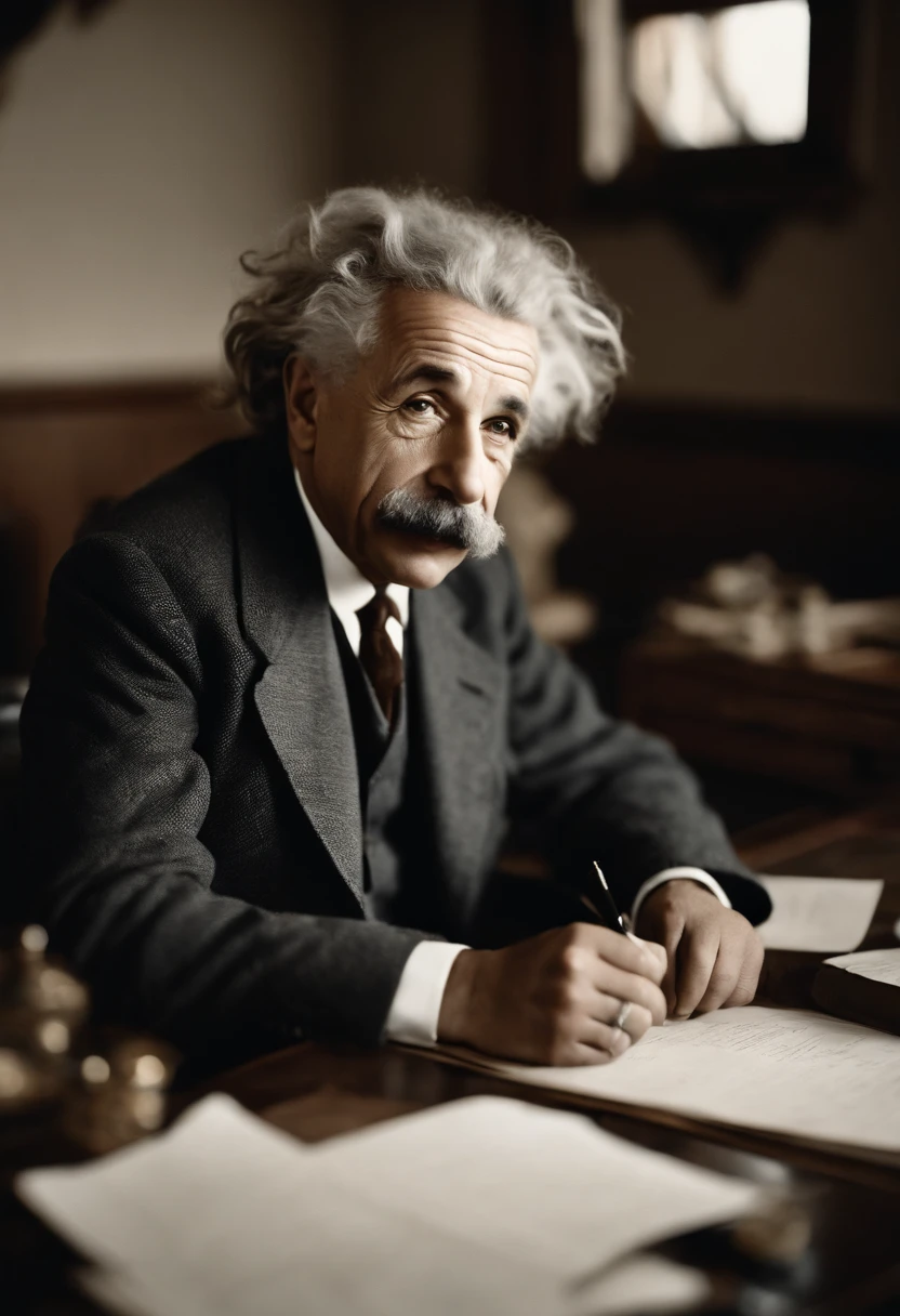 A photo of Einstein sitting at his desk with papers scattered around, lost in thought with a pen in hand and a playful smirk on his face.,original,Einstein’s appearance was iconic, with his wild, unkempt hair, bushy mustache, and piercing eyes often giving him a thoughtful and slightly disheveled look. He typically dressed in a simple, non-flashy manner, favoring comfort over style.