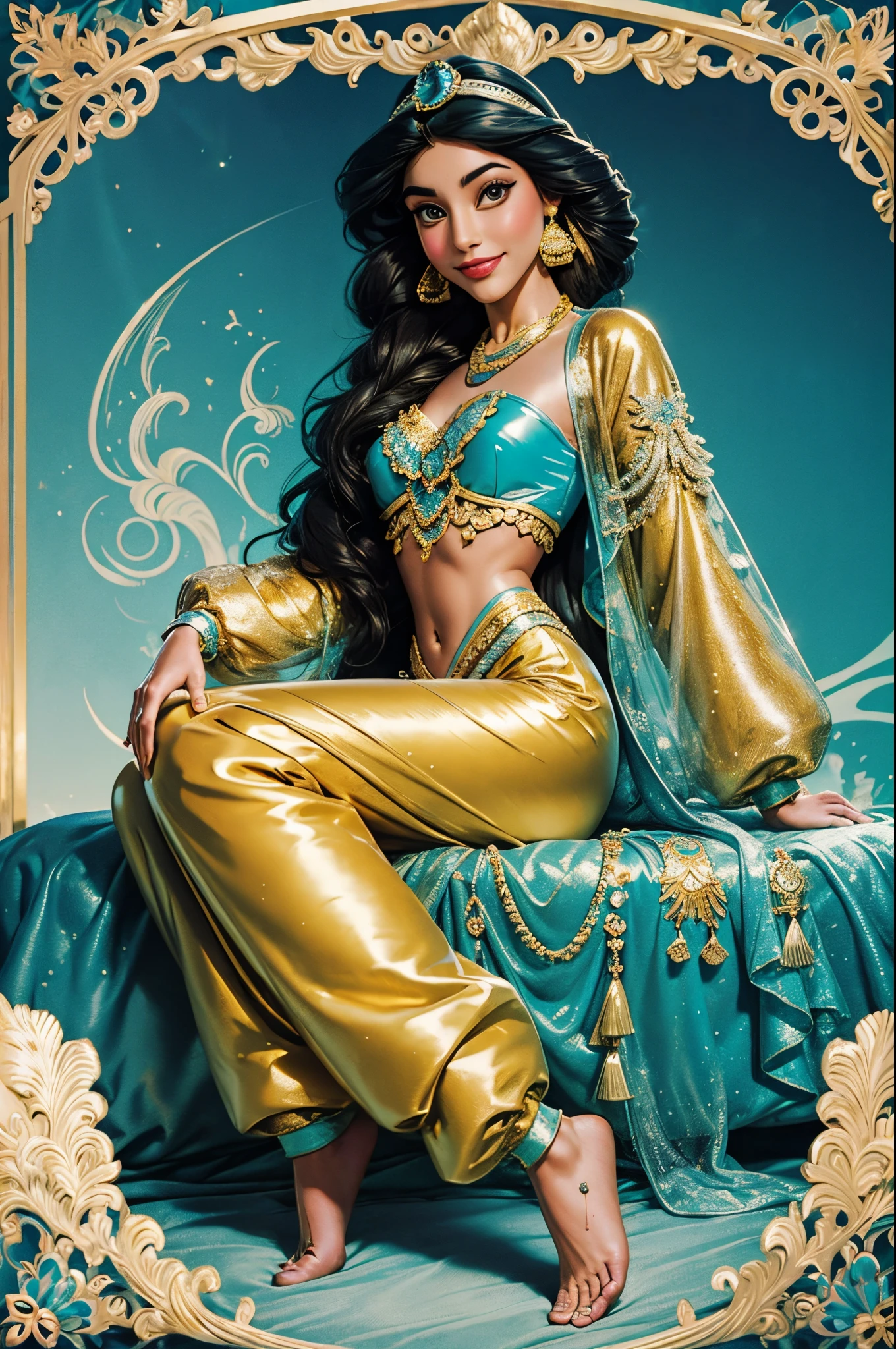 Princess Jasmine smiling
very long hair.
wearing on a long shiny plastic puffer jacket.
she wears traditional Arab pants made of very shiny plastic.
she is sitting on a very shiny plastic padded sofa.
she and barefoot.