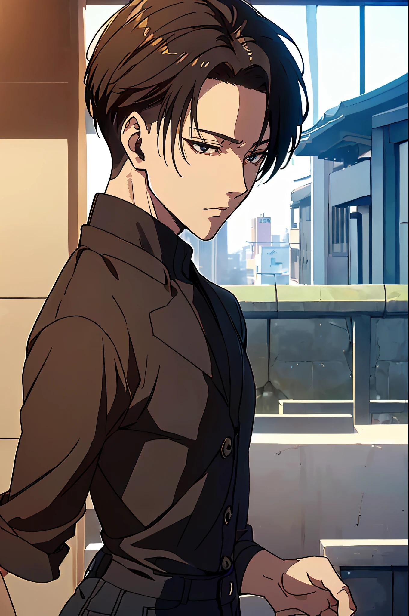 ((4K works))、​masterpiece、（top-quality)、((high-level image quality))、((One Manly Boy))、Slim body、((Attractive and sexy jeans fashion))、((Men's Fashion))、(Detailed beautiful eyes)、Late Night City、Levi Ackerman、((short hair above the ears))、((Smaller face))、((Neutral face))、((Korean boy))、((18year old))、((Handsome man))、((sings))、((Korean Makeup))、((elongated and sharp eyes))、((Black eyes))、((Like a celebrity))、Everyday photography、((Shot alone))、((Shot diagonally from the side))、((Upper body photography))、((Artist Photos))