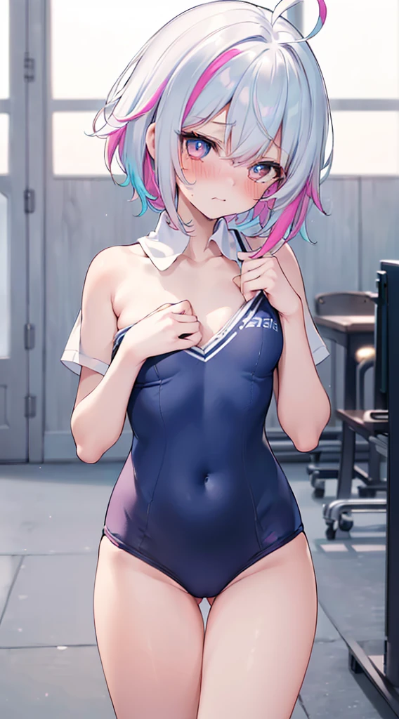 (top-quality、in 8K、32K, (Masterpiece, Slim Body, Delicate Fingers: 1.2), Best Quality, (Illustration: 1.2), (Hyper Detail), Eye Focus, Ultra Detail, (Fine Detail), (Intricate Detail), HDR, (Ultra Detail: 1.15), (Soft Light: 1.2), (1 girls), background, (track and field), Wear, ((track uniform) , (blushing:1.3), (White hair and blue highlights),cyan eyes, ager, embarrassed face, medium, short hair, solo, multicolored hair, ahoge, (flats chest:1.2), mismatched pupils, multicolored eyes, high quality, best quality, full body image,