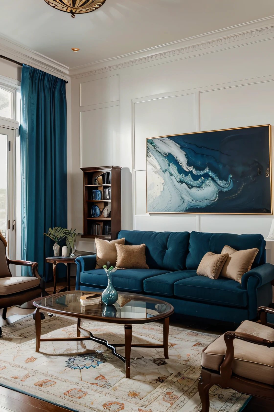 (masterpiece),(high quality), best quality, real,(realistic), super detailed, (full detail),(4k),8kLiving room, well arranged livable space, homy, (couch:1.3), (coffee table:1.3), (armchairs:1.4), dining table with chairs, Traditional design, crown holding, emphasis on on symmetry and order, modern decor elements, chandeliers and bookcases, nave blue colour schemes with pops of bold colours, jewel tones