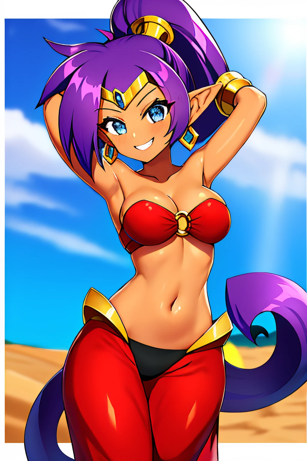 shantae \(og\), 1girl, solo, smile, purple hair, jewelry, dark skin, earrings, cleavage, dark-skinned female, pointy ears, blue eyes, bandeau, grin, hoop earrings, high ponytail, arabian clothes, tiara, pants, harem pants, o-ring, medium breasts, big hair, o-ring top, forehead jewel, bracer, desert, arms behind head