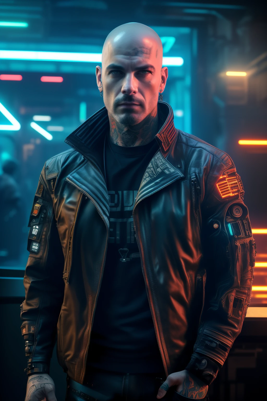 a half-body photo of a [bald|colored mohawk] rugged (futurist scifi punk) with (futurist scifi clothing), (futurist, high-tech, cyberpunk, scifi, jacket:1.4), cyberpunk, indoor, looking at the camera, (celtic tattoos, piercings:1.2), normal, eyes, dramatic cinematic lighting, (screaming:0.7), Glasgow, high-tech, hooligan, punk, in a spaceship. Planets in the background.