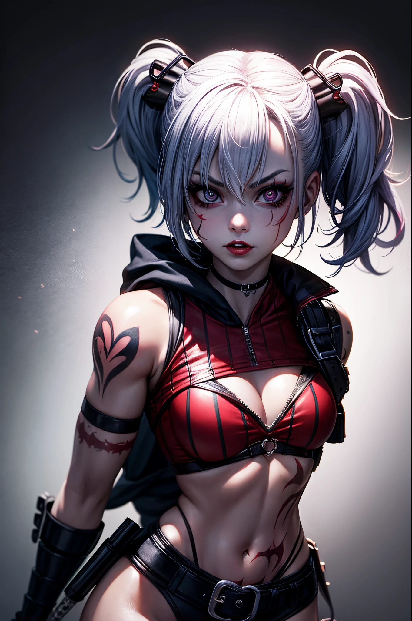 tattoo girl, very beautiful, murderous, Harley Quinn, crazed look, dark background, 8K, dynamic wallpaper, very delicate, very dense