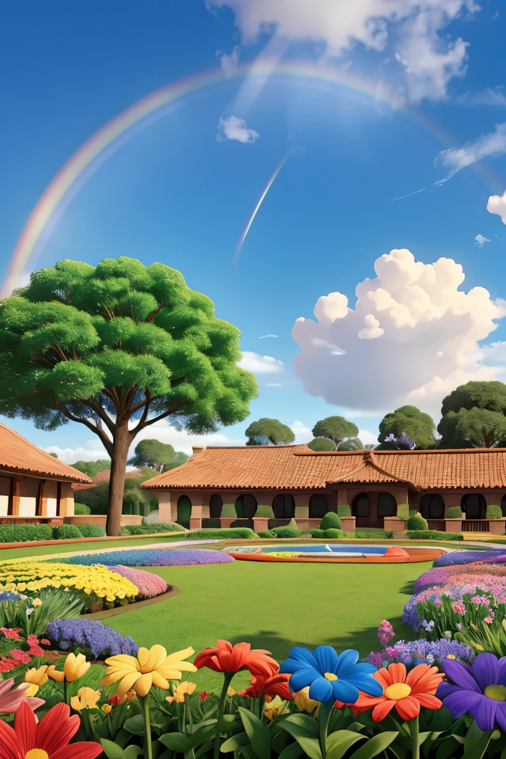 Jardim com muitas flores, rainbow and a blue sky