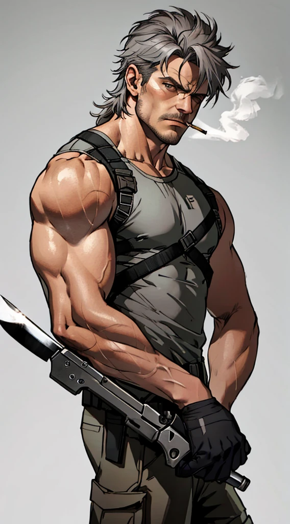 Solid snake smoking cigarette sharpening his combat knife and very serious looking at the viewer and gray background