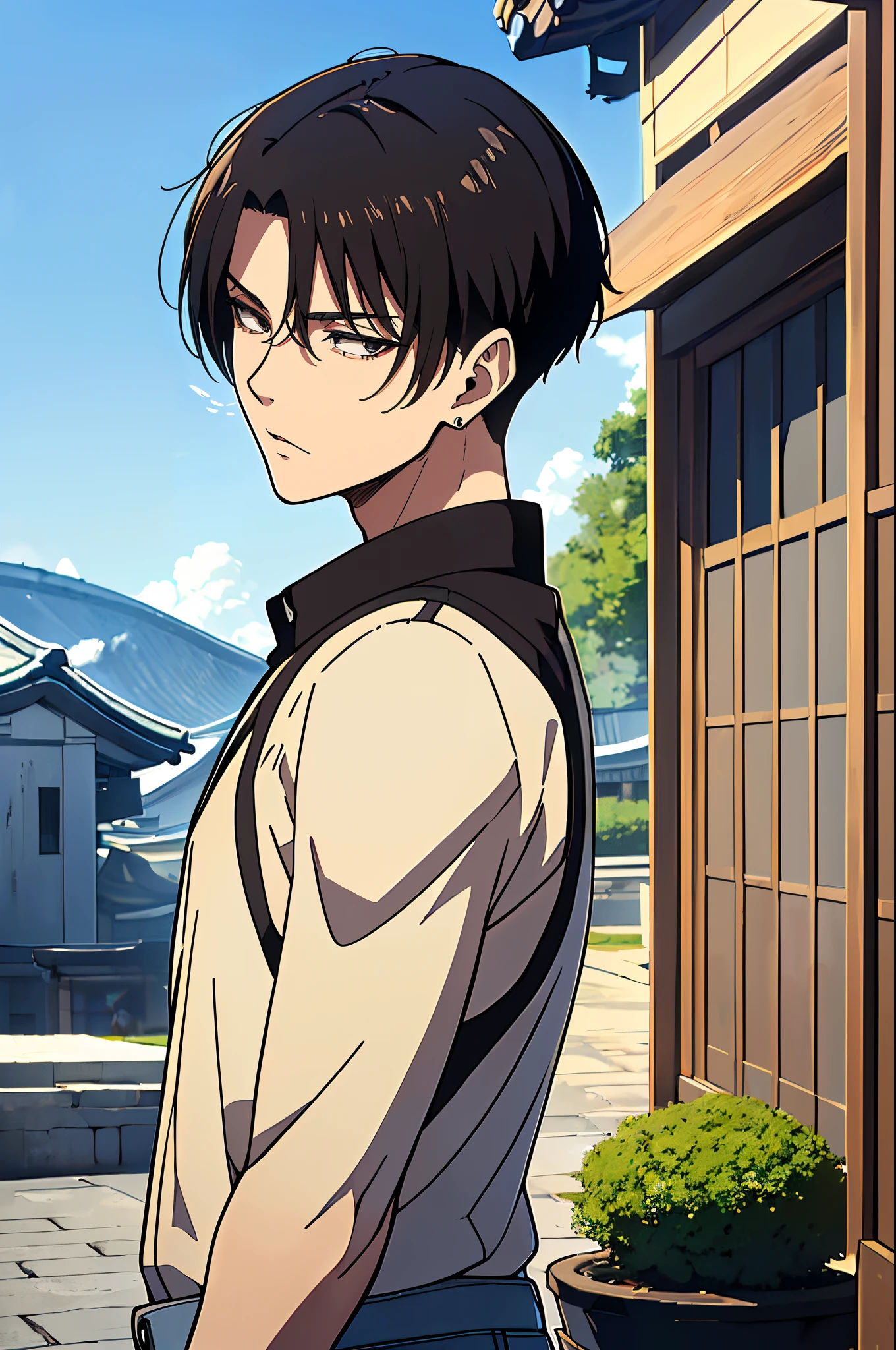 ((4K works))、masterpiece、(top-quality)、((high-level image quality))、((One Manly Boy))、Slim body、((Attractive and sexy jeans fashion))、((Men's Fashion))、(Detailed beautiful eyes)、town in the morning、Levi Ackerman、((short hair above the ears))、((Smaller face))、((Neutral face))、((Korean boy))、((18year old))、((Handsome man))、((sings))、((Korean Makeup))、((elongated and sharp eyes))、((Black eyes))、((Like a celebrity))、Everyday photography、((Shot alone))、((Shot diagonally from the side))、((Upper body photography))、((Artist Photos))