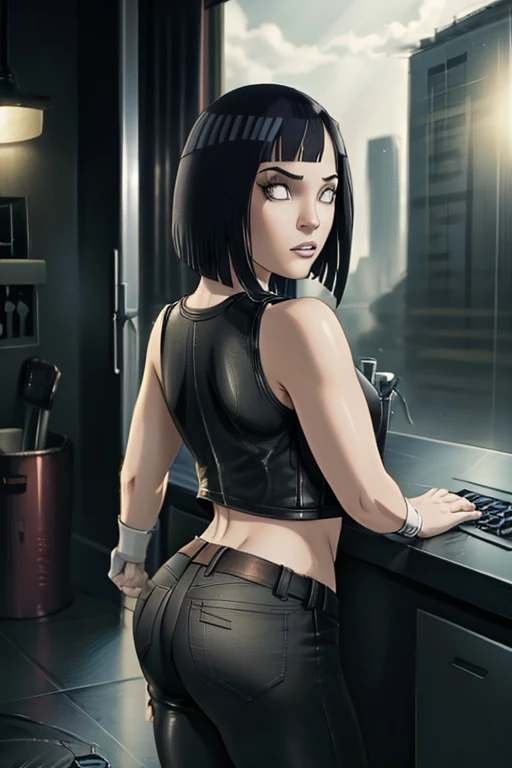 masterpiece, best quality, (1.4), beautiful woman, from behind, round ass, short blackhair, black tank top and black leather jacket in the style of pixar movie poster, octane render, artstationhd, cinematic lighting, unreal engine, 4k, 8k, hd, high resolution, digital art, illustration, intricate, elegant, highly detailed, digital painting, artstation, concept art, smooth, sharp focus, illustration,