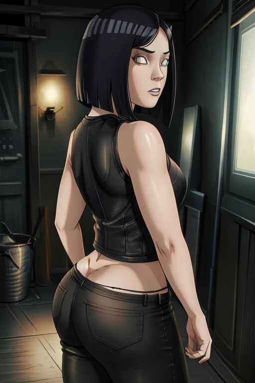 masterpiece, best quality, (1.4), beautiful woman, from behind, round ass, short blackhair, black tank top and black leather jacket in the style of pixar movie poster, octane render, artstationhd, cinematic lighting, unreal engine, 4k, 8k, hd, high resolution, digital art, illustration, intricate, elegant, highly detailed, digital painting, artstation, concept art, smooth, sharp focus, illustration,