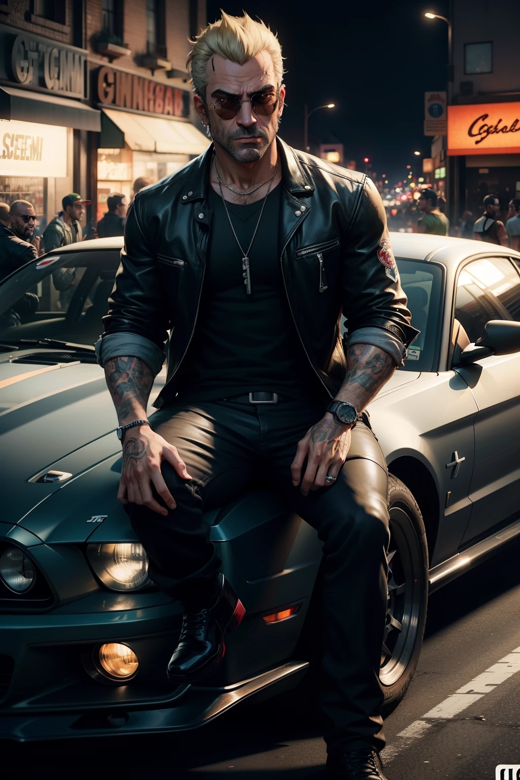 Italian arafed man sitting on mustang car with sunglasses holding a baseball bat in a city at night, gta5 style, gta v gameplay screenshot, gta v style, gta 6 style, cinematic screenshot gta 5, grand theft auto style, style of gta v, gta 5 screenshot, gta v screenshot, screenshot from gta v, gta v street style, cyberpunk street goon, as a character from gtav I