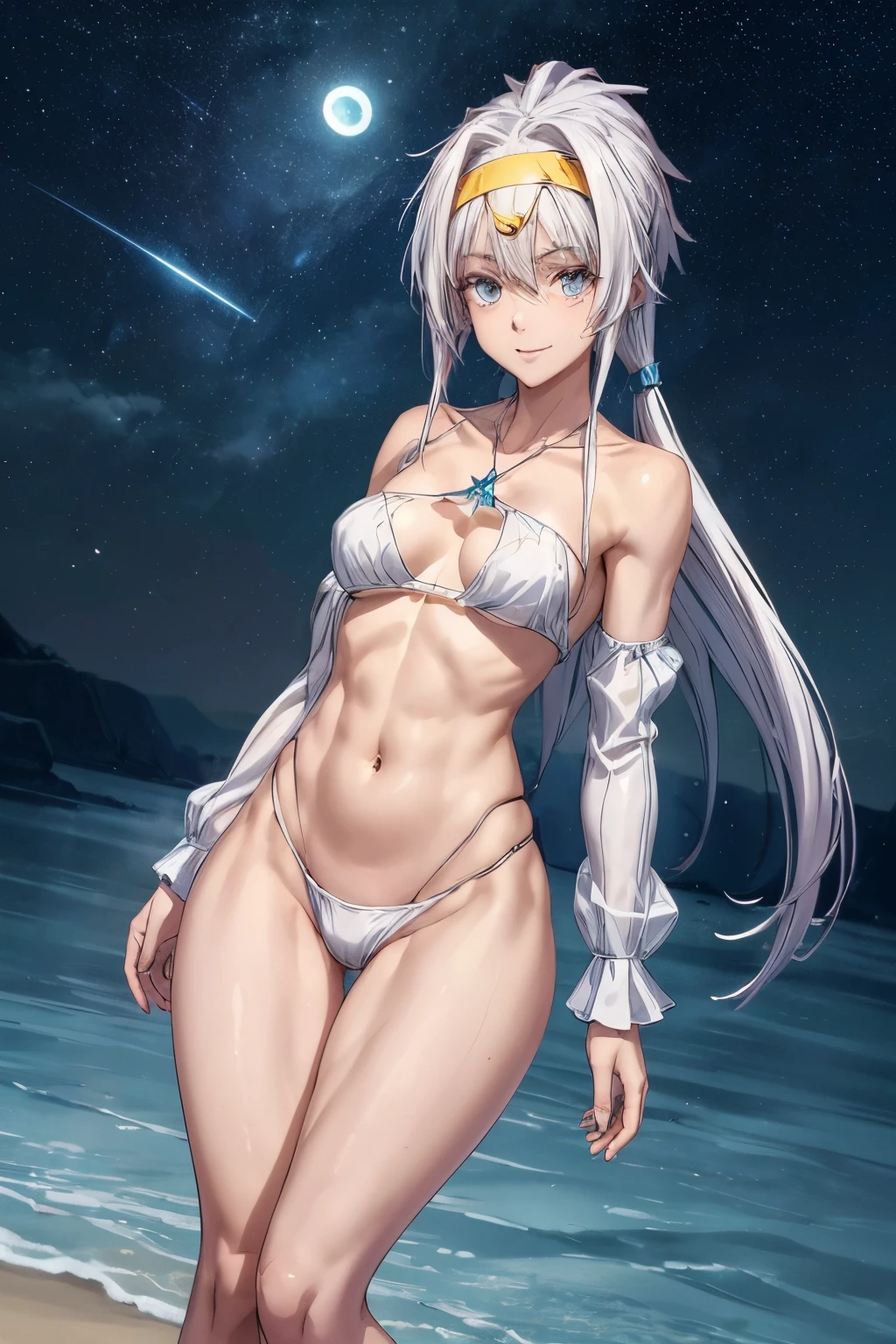 (1 girl), (((Velzard de tensei shitara slime datta ken))), Ela tem pele clara, olhos da cor de diamantes azuis e longos, reluzente, cabelo branco perolado, extending to the waist, She wears a blue star-shaped pendant and a gold headband., (wears a very short black bikini), seios grandes, thin arms, (barriga musculosa), (((pernas musculosas))),(Standing), (sorriso frio), cintura fina, bare feet and very detailed, beautiful feet and well-shaped toes, (foto de corpo inteiro), (((night beach scenery with starry sky and blood moon in the sky))), Caudas duplas, olhos vazios, olhos vazios, olhos vazios, eye reflection, olhos brilhantes, mau humor, anime, estilo anime, ray tracing, Cinematic lighting, panorama, Sony FE, UHD, master part, anatomicamente correto, Super Detalhe, alta qualidade, melhor qualidade, high resolution, 16k