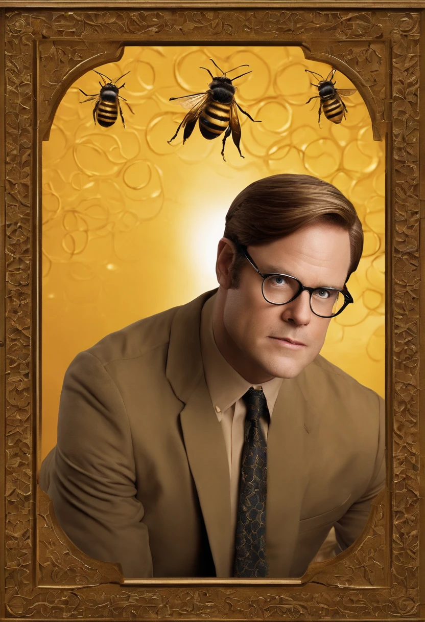 A photo of Dwight carefully inspecting the intricate design of a beehive frame.,The Office,Dwight Schrute, another character from “The Office,” is known for his distinct, somewhat antiquated appearance: a stern expression, a rigid, formal posture, and usually dressed in a mustard-colored shirt and dark tie. His hairstyle is severe and practical, matching his no-nonsense attitude.