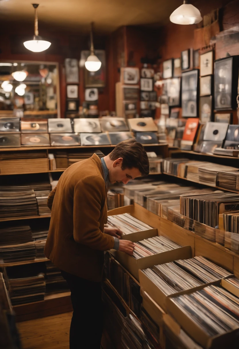 A photo of Spiegel, man, browsing through a collection of vintage vinyl records in a cozy record store,original,Evan Spiegel, white male, short brown hair, cleft chin