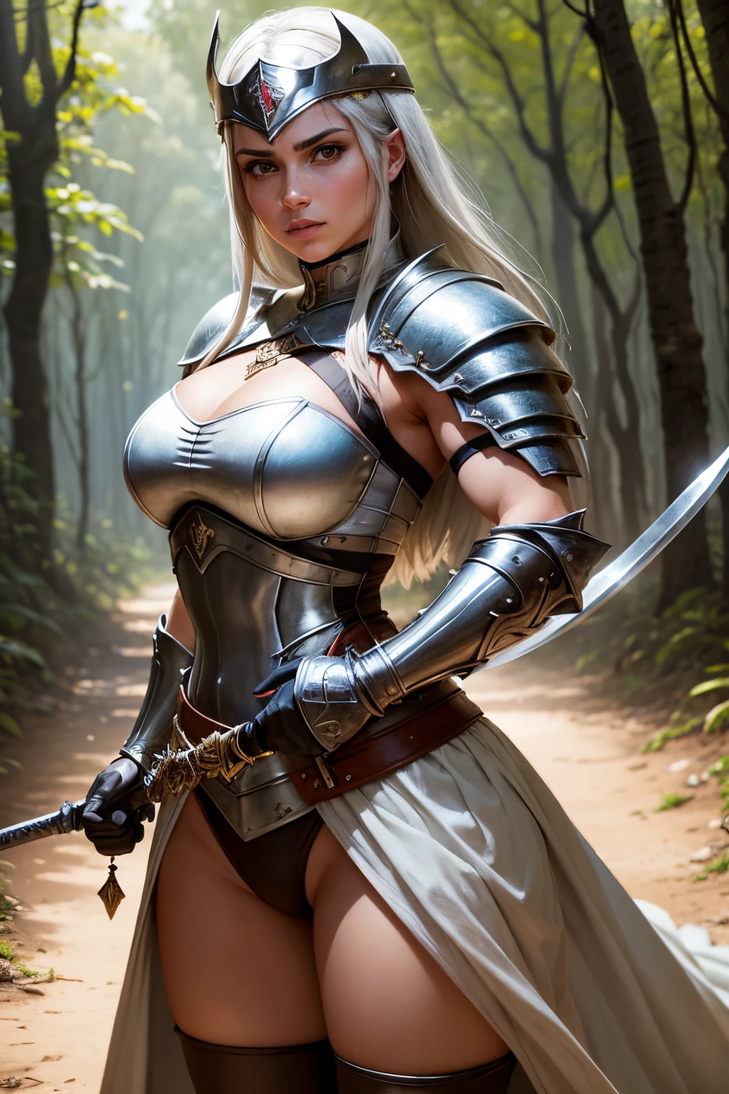 uma mulher, mulher guerreira, armadura quebrada, roupas rosas rasgadas, Holding his sword in his right hand, seios amostra, coxas grossas, seios grandes, floresta ao meio dia, luz natural.