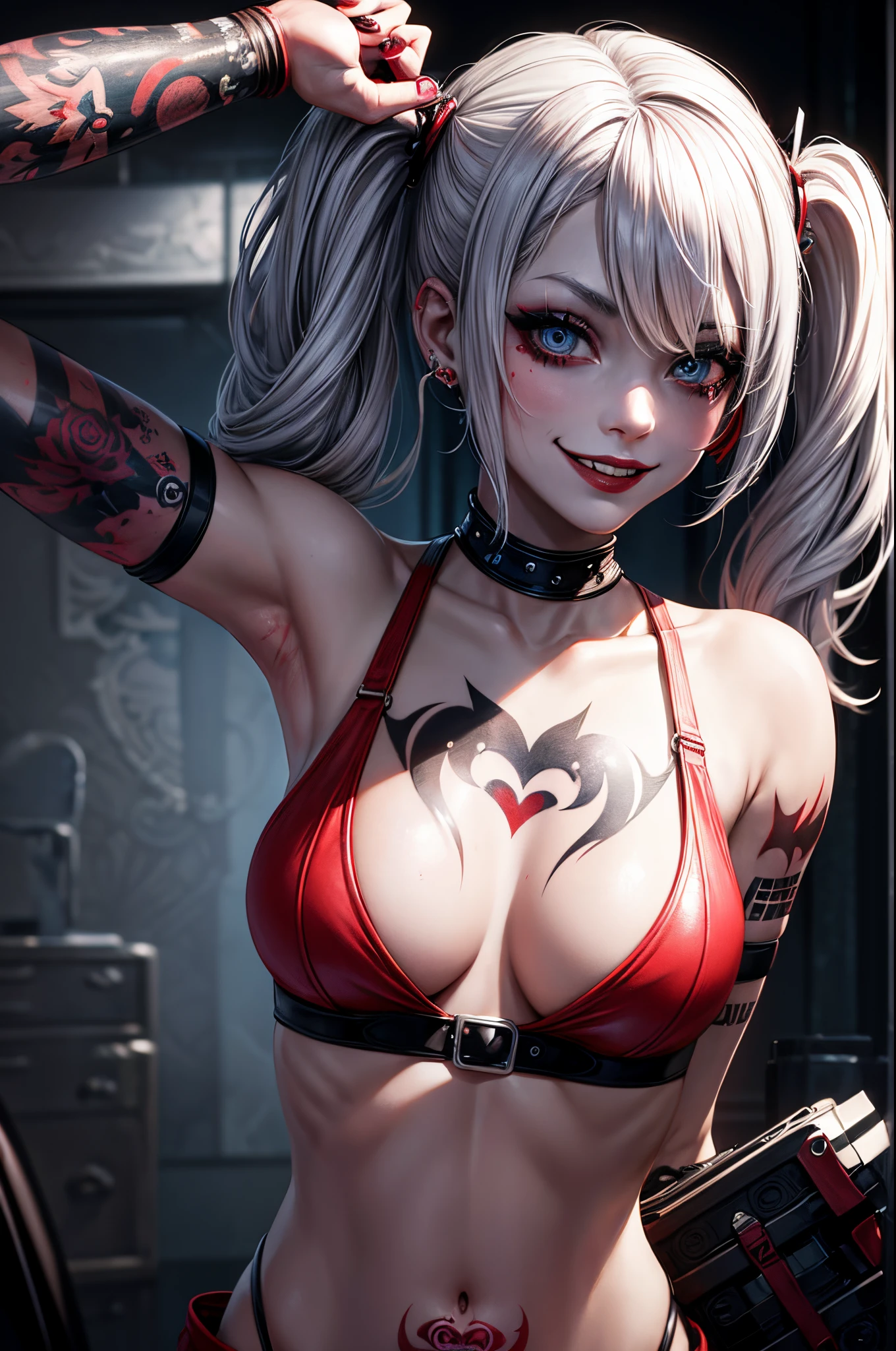 tattoo girl, very beautiful, murderous, Harley Quinn, crazed look, dark background, 8K, dynamic wallpaper, very delicate, very dense, creepy smile, close up to camera, selfie