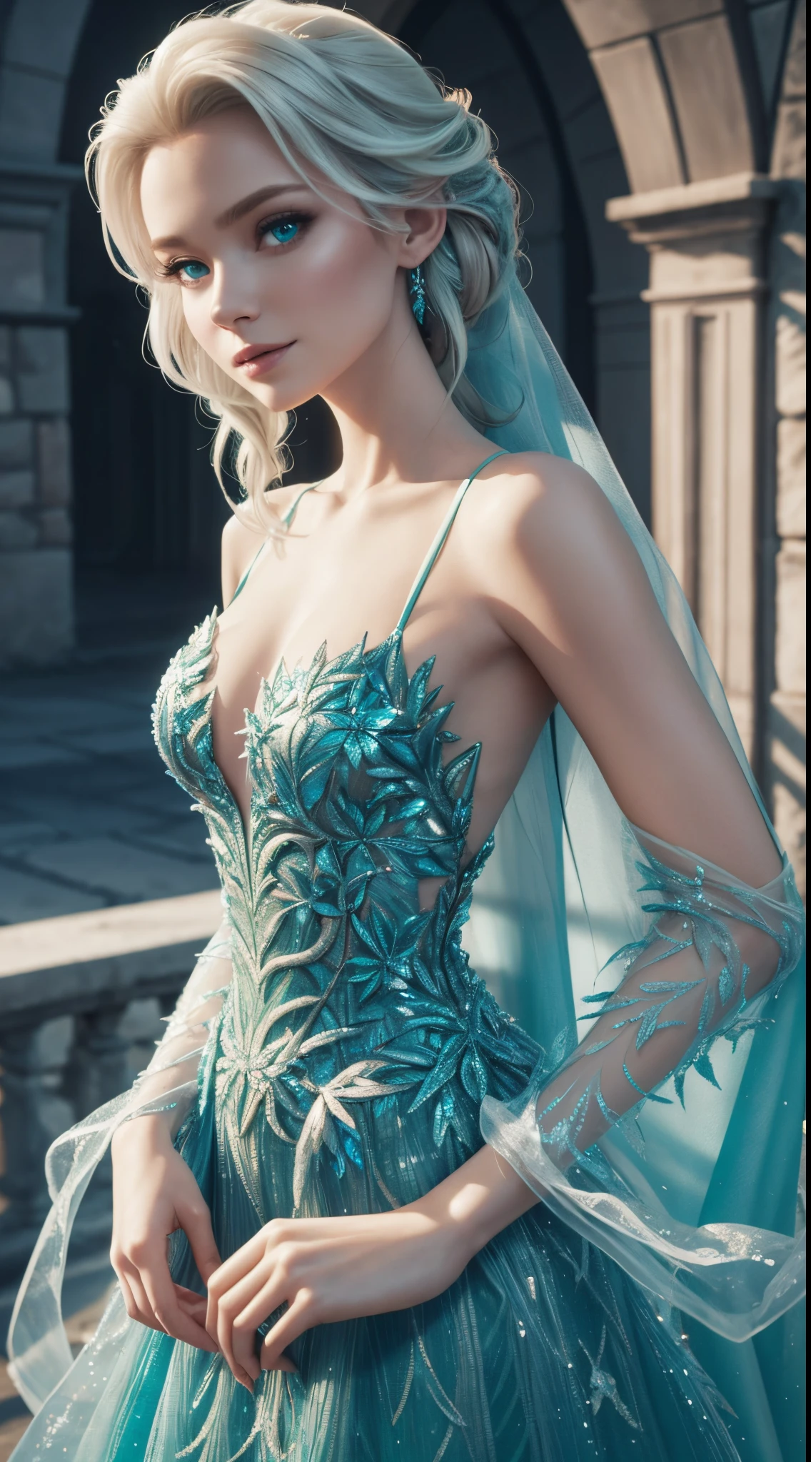 a frozen princess in a green dress, frozen ii movie still, render of mirabel madrigal, tight long and dress, elsa green dress, tight fashion, portrait of elsa of arendelle, disney render, elsa frozen, beautiful elsa, portrait of elsa from frozen, animated movie still, greta thunberg, elsa from frozen, official render, elsa, full body render, wearing a dress made of vines