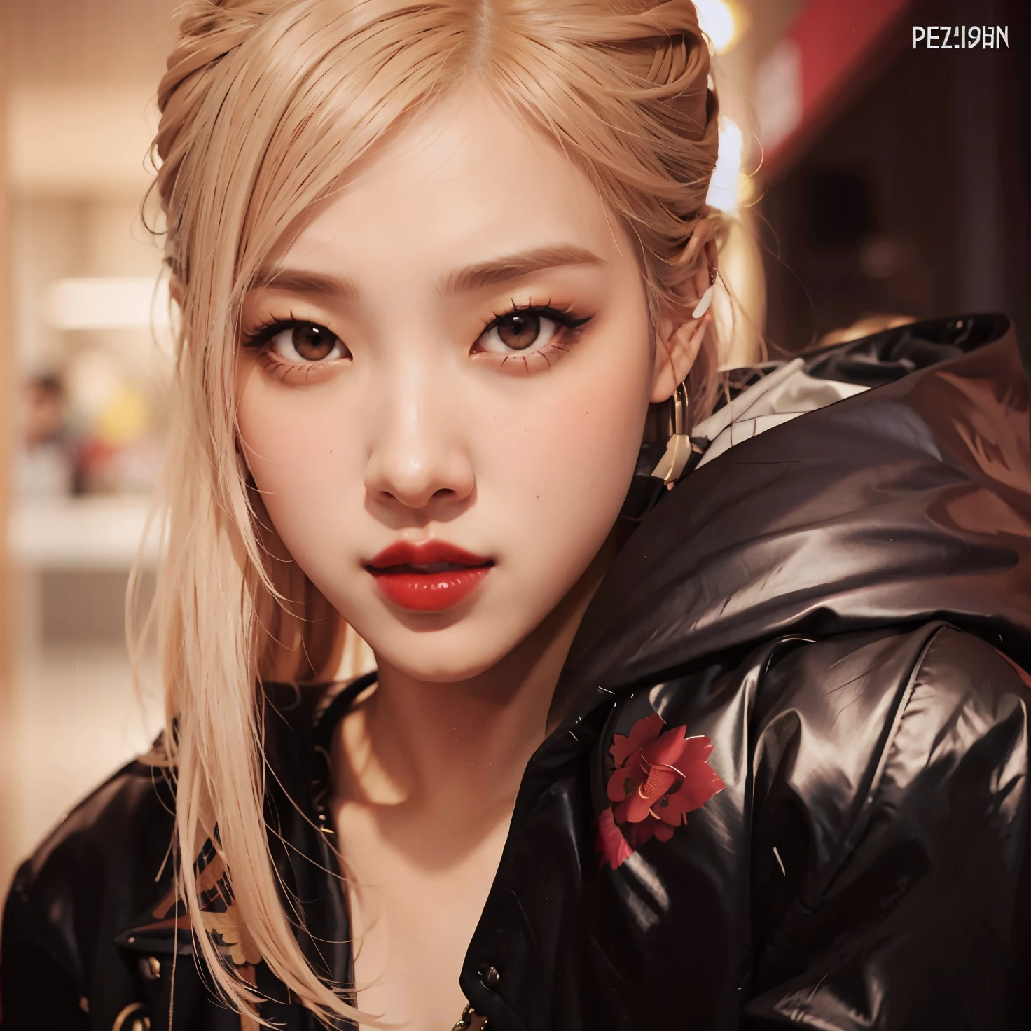 Close-up of a woman wearing a black jacket and red lipstick, Parque Roseanne de Blackpink, Retrato de Jossi de Blackpink, Jossi de Blackpink, Retrato Jisoo Blackpink, Jisoo de Blackpink, Jisoo de Blackpink, Sun Yunjoo, JIA, Heonhwa Choe, Jinyoung Shin, iu lee ji-eun as a super villain, portrait of female Korean idol