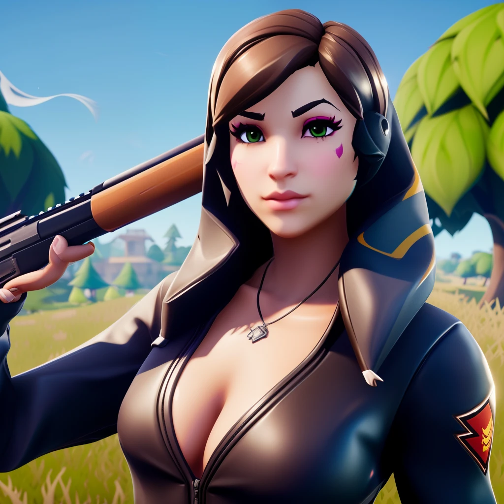 fortnite woman 3d long brown hair wigh blonde higlights and brown eyes holding gun