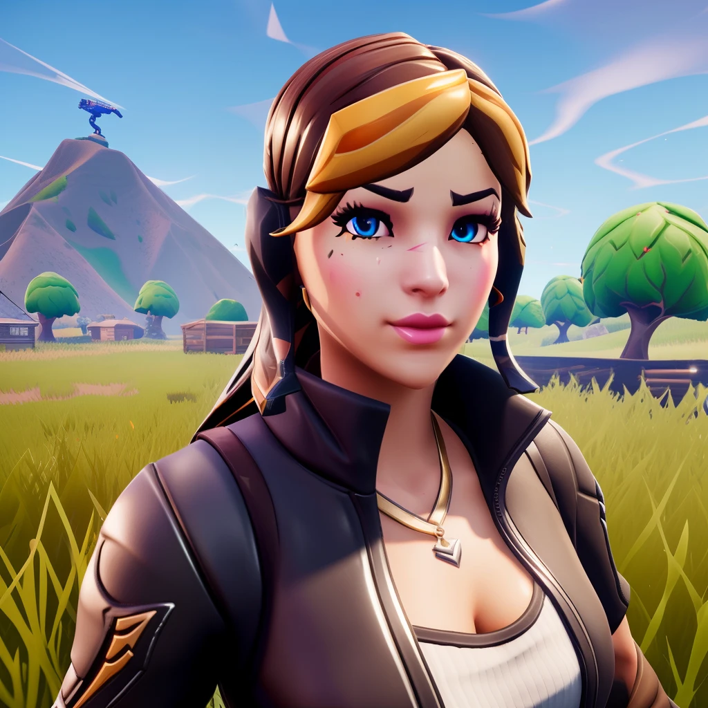fortnite woman 3d long brown hair wigh blonde higlights and brown eyes holding gun