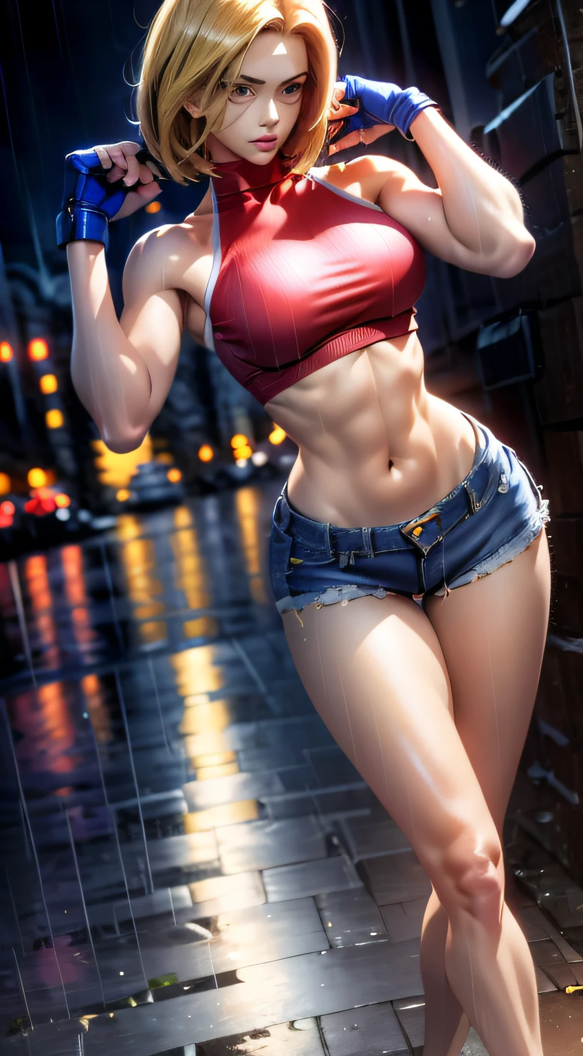 (((Masterpiece))),
((Blue Mary)) cosplay, best quality, (beauty), 20 year old girl face, pretty face, red crop top, red blouse, (((very short women's denim shorts))), Physics-based rendering, ultra highres, waist narrow, slim, big eyes, long muscular legs, (medium breasts), puffy eyes, night, (rainy city), shiny skin, facing the viewer, firm expression, realistic, woman, sexy, muscular belly, muscular arms , barefoot, standing, full body photo, perfect handsamime style
from an adult coloring book.
drawing style adult coloring book