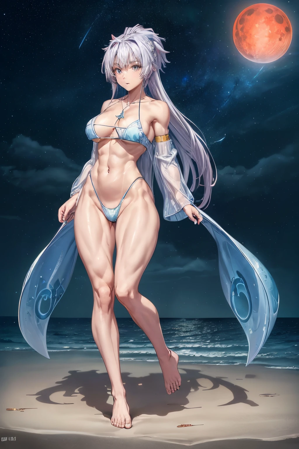 (1 girl), (((Velzard de tensei shitara slime datta ken))), She has fair skin, eyes the color of blue diamonds and long, shiny, pearly white hair, extending to her waist, she wears a blue pendant in star shape and a golden band on her head, (wears a very short black bikini), large breasts, thin arms, (muscular belly), (((muscular legs))),(standing), (grumpy), waist thin, bare feet and very detailed, beautiful feet and well-shaped toes, (full body photo), (((night beach scene with starry sky and blood moon in the sky))), Double tails, empty eyes, empty eyes , empty eyes, eye reflection, glowing eyes, bad mood, anime, anime style, ray tracing, cinematic lighting, panorama, Sony FE, UHD, master piece, anatomically correct, Super Detail, high quality, best quality, very high resolution , 16k
