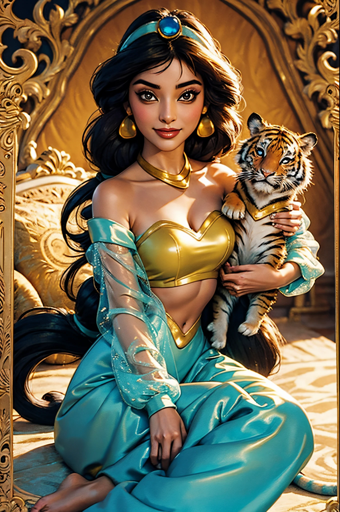 Princess Jasmine holding 1 cute tiger.1girl, solo, looking at viewer, smile, shirt, bare shoulders, jewelry, sitting, full body, Disney tiger pet, flower, earrings wearing on a long shiny plastic puffer jacket. she wears traditional Arab pants made of very shiny plastic. she is sitting on a very shiny plastic padded sofa. she and barefoot.
Waiting to start