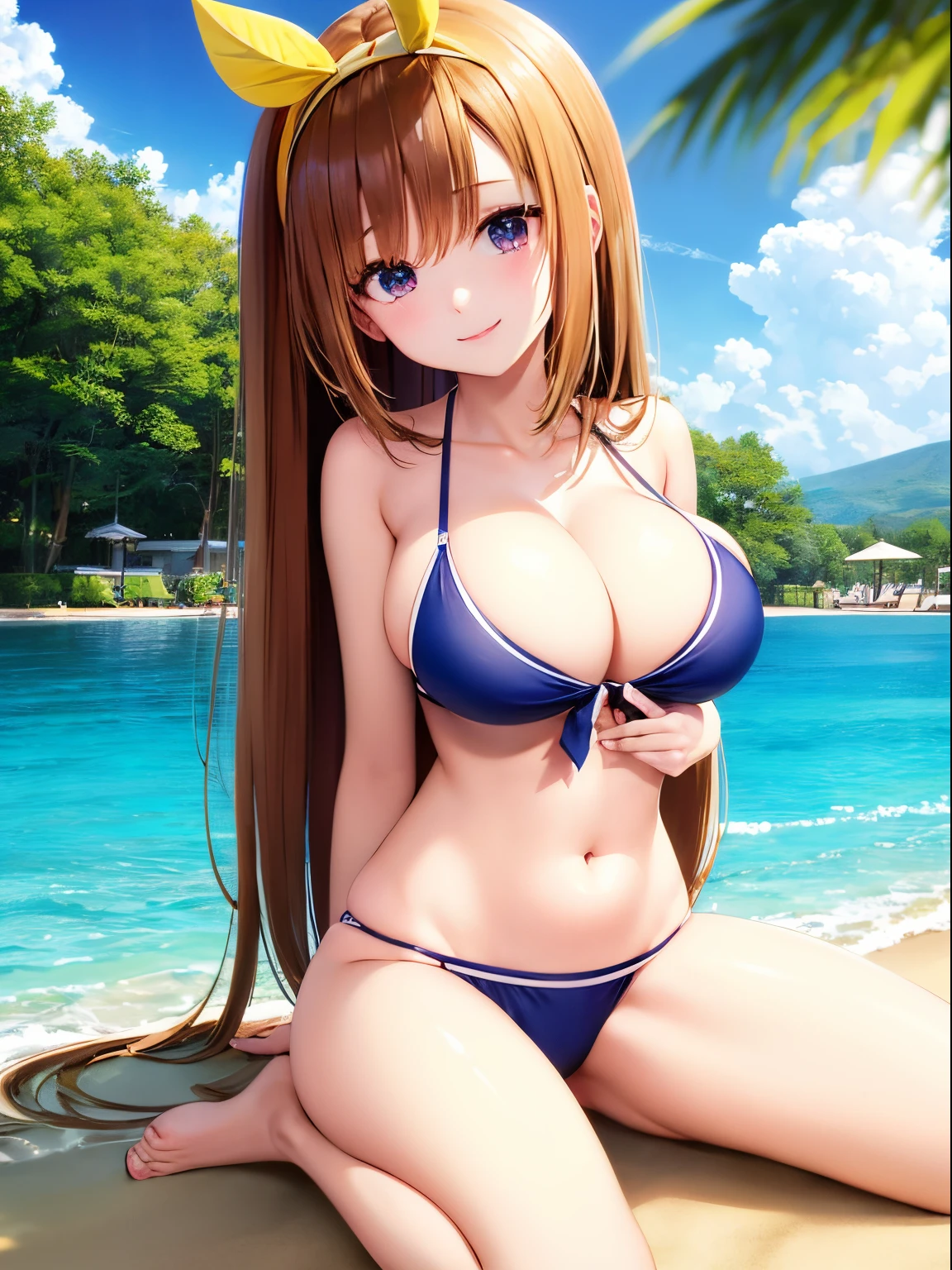 anime girl in a swim suit in a pool with a leaf on her head, wet swimsuit, realistic bikini, is wearing a swimsuit, swimsuit, oppai, smooth anime cg art, bathing suit, seductive anime girl, asuka suit under clothes!, nami one piece, pixiv 3dcg, rin, shiny wet skin!!, splash art anime loli, jpn idol,1girl,dynamic pose,beach,swimwear, looking at viewer, thick eyebrows, laughing, (4 k、top-quality)、(realisitic、Photorealsitic)、(Yakian)、 1girl in、独奏、fullllbody、(face to the viewer)、 perfect hand、up looking_で_the viewer、 outside of house、sand beach、finerly detailed face、Slightly chubby、The best smile、long wavy hair of light brown color,(super gigantic breast, cleavage:1.2), (Cameltoe),23years old、Nogizaka Idol、actress、Korean Idol、hposing Gravure Idol,place one's arms behind one's back,raise both arm,(Aside)、Sitting on the sandy beach、Open your legs forward、nudde、toppless 、