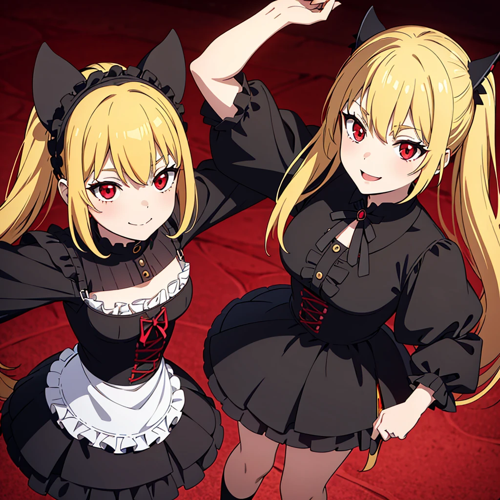 1girl in,bustup,Golden hair,poneyTail,Red eyes,a smile,Petite girl,Lori,ta,Gothic loliospan,gothic punk style,Black miniskirt,Shoulder Fashion,Fun,jolly,Fox mask,Soft,Fan in hand,